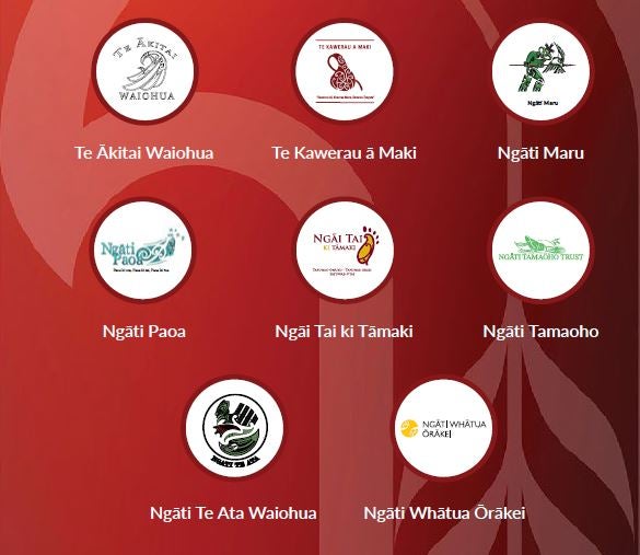 A graphic of the logos of Iwi of Tāmaki Makaurau Auckland involved in the the development of CRL: Te Ākitai Waiohua, Te Kawerau ā Maki, Ngāti Maru, Ngāti Paoa, Ngāti Tai Ki Tāmaki, Ngāti Tamaoho, Ngāti Ye Ata Waiohua, Ngāti Whātua Ōrākei.