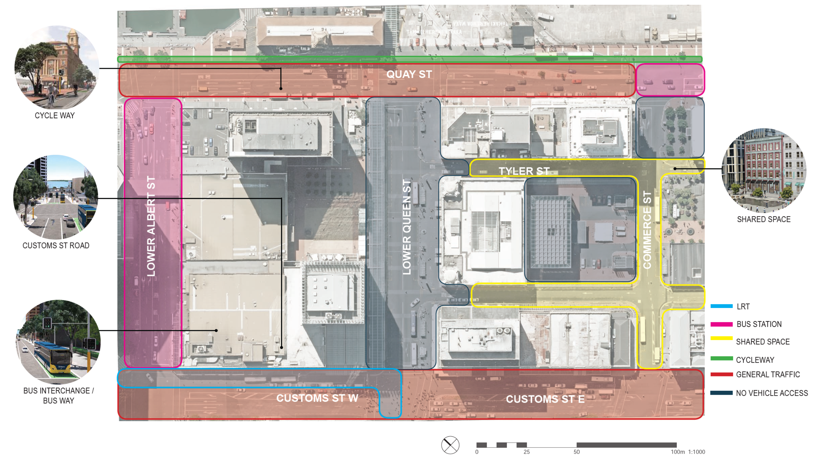 An overhead view of Te Komititanga showing how vehicles will access and flow about the space.