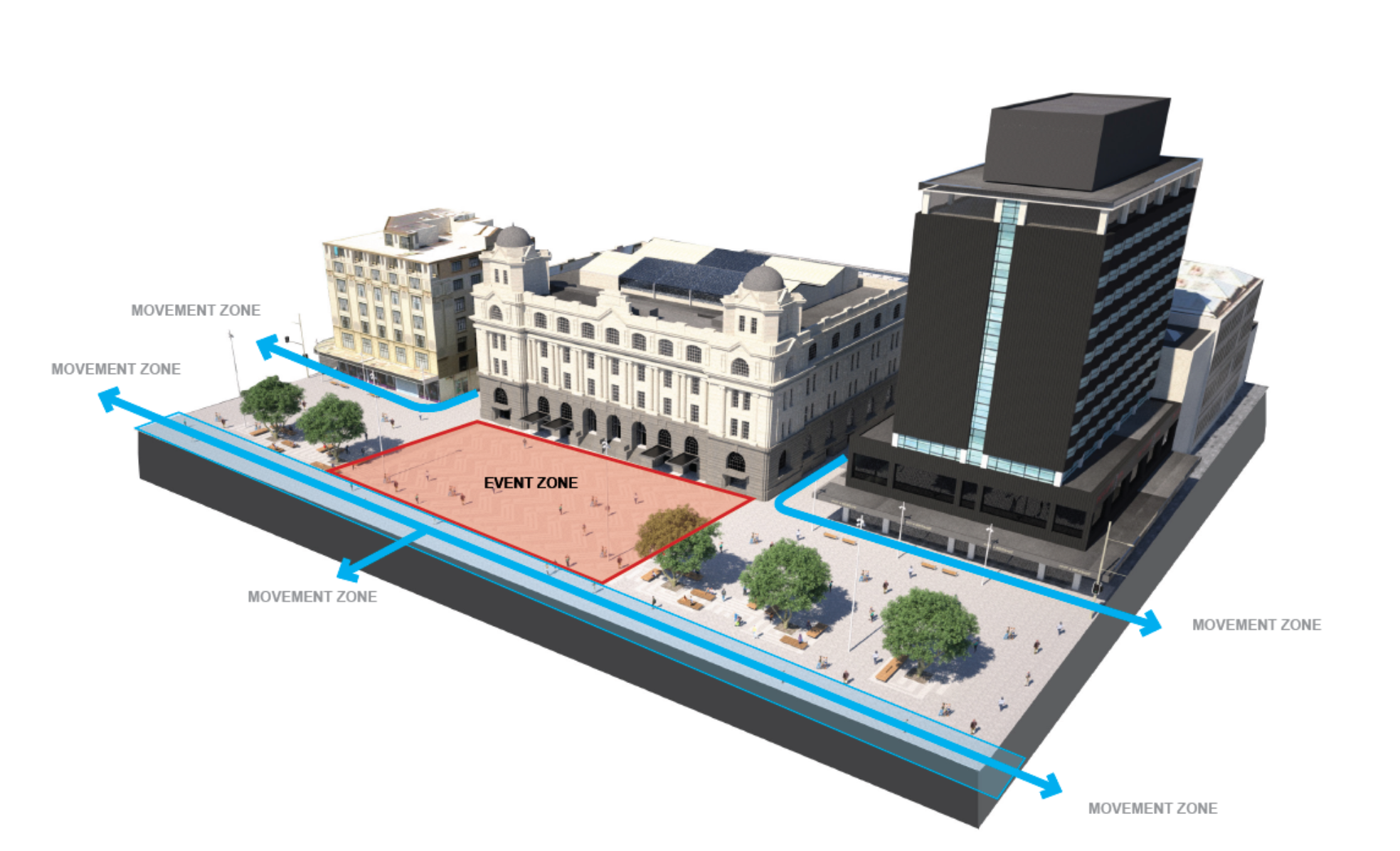 A diagram of how the publish will move around Te Komititanga and the train station on event days.