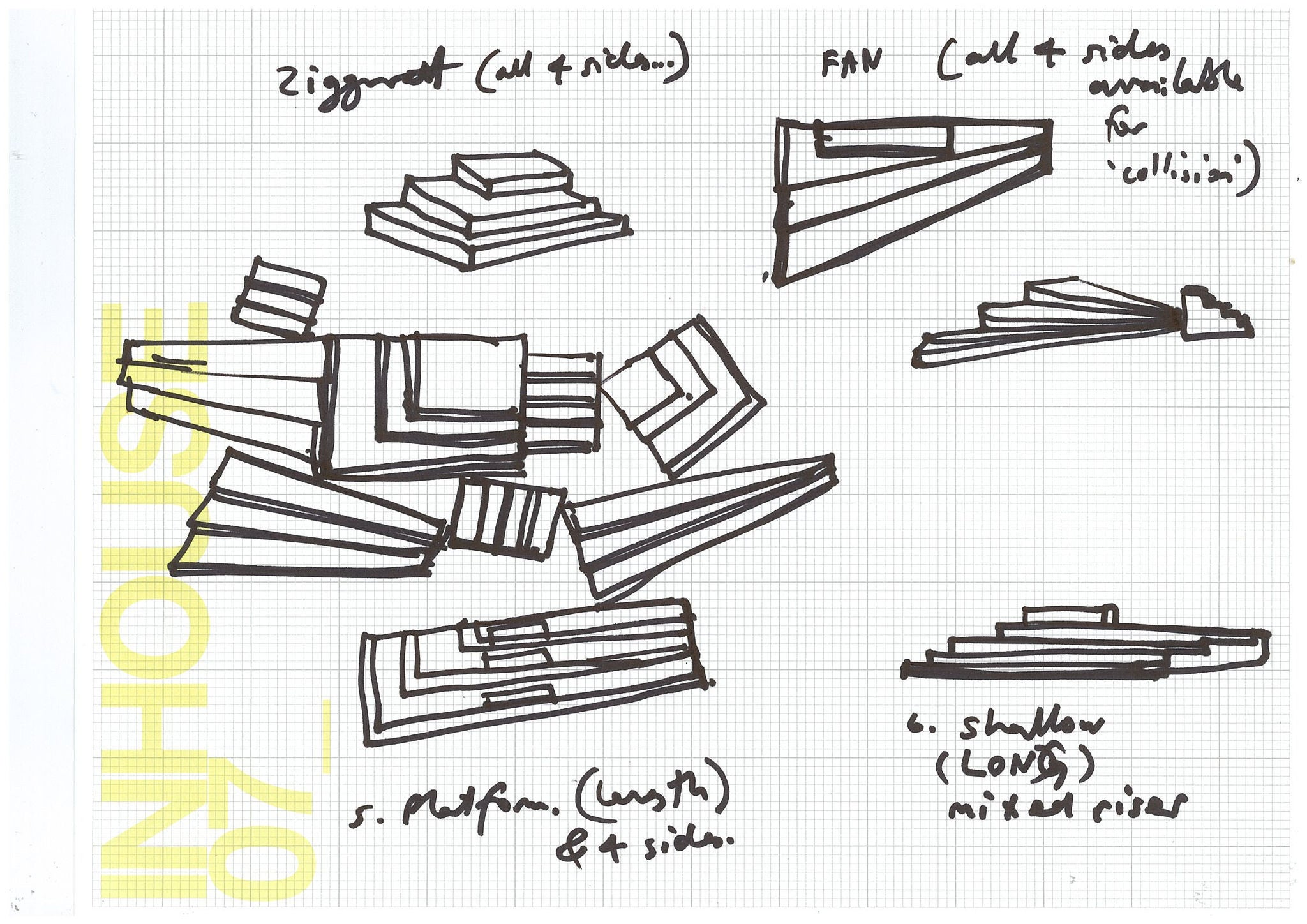 Drawings by artist John Reynolds of how steps could be pieced together in the square.