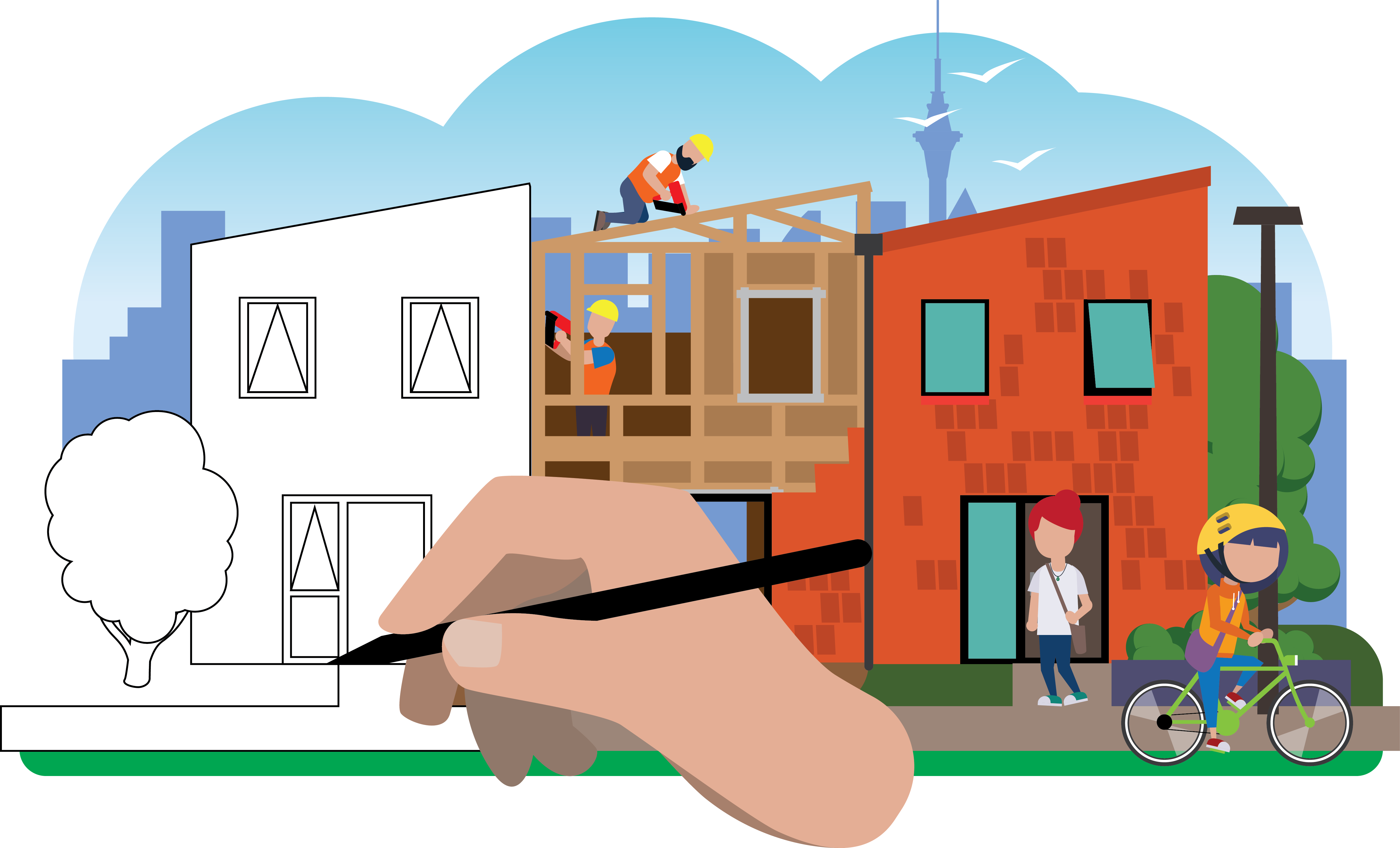 A hand draws a sketch of a terraced house on the left; in the middle we see builders working on the frame of the adjoined terrace, and on the right we see the finished building, with people using the space. A young woman cycles past with the Auckland skyline in the background.