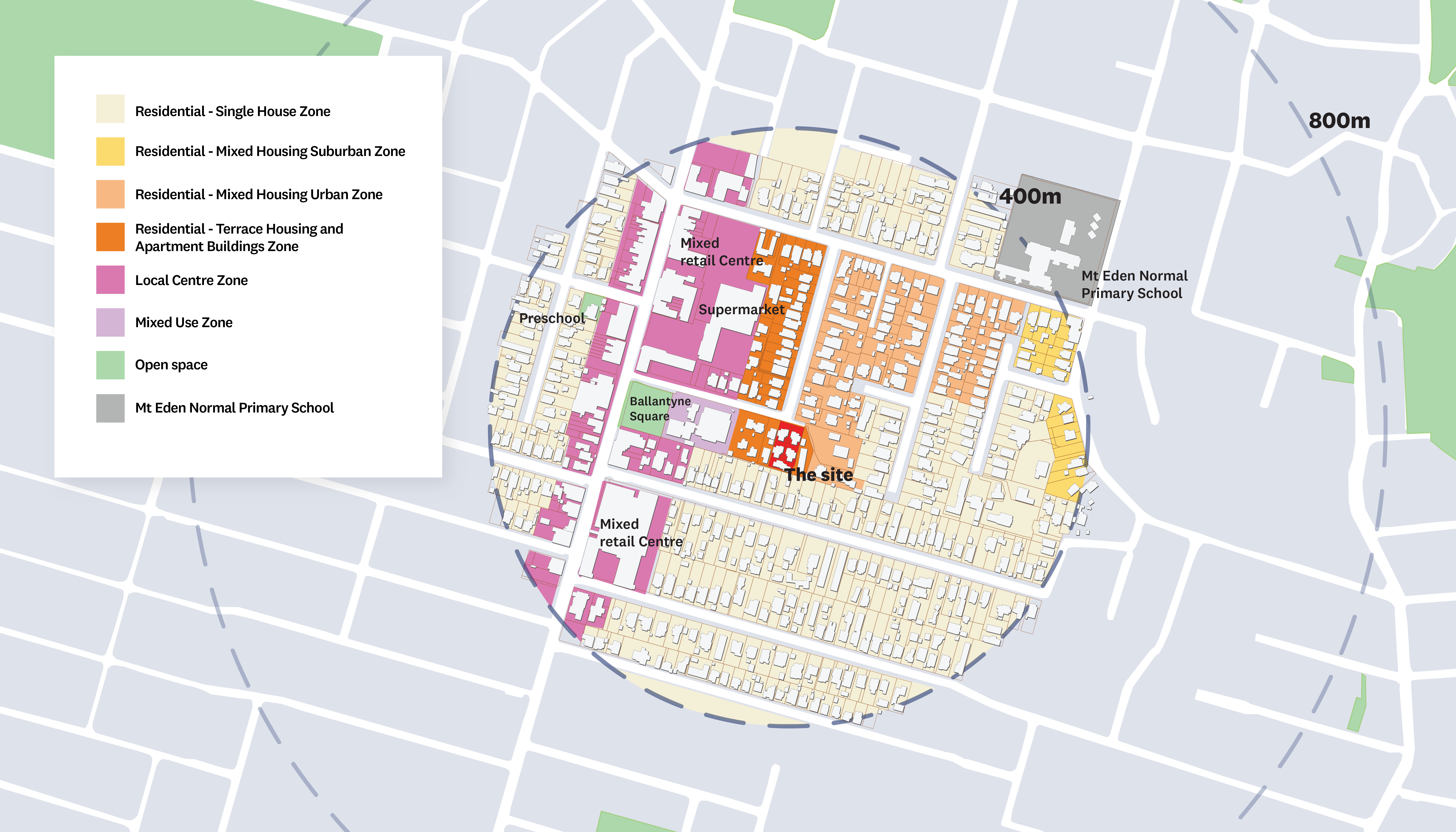 Identify land uses and activities in the surrounding area that may inform the location and arrangement of activities within the site.