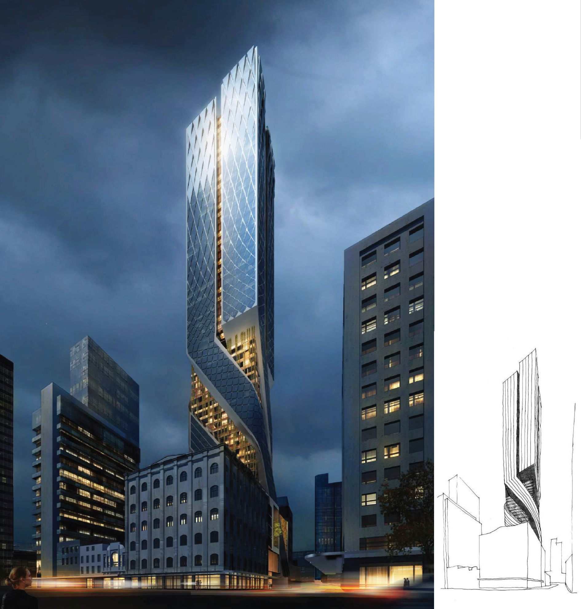 A refined concept of the building and the envelope treatment. A computer render of the building with a hand drawing as reference beside it.