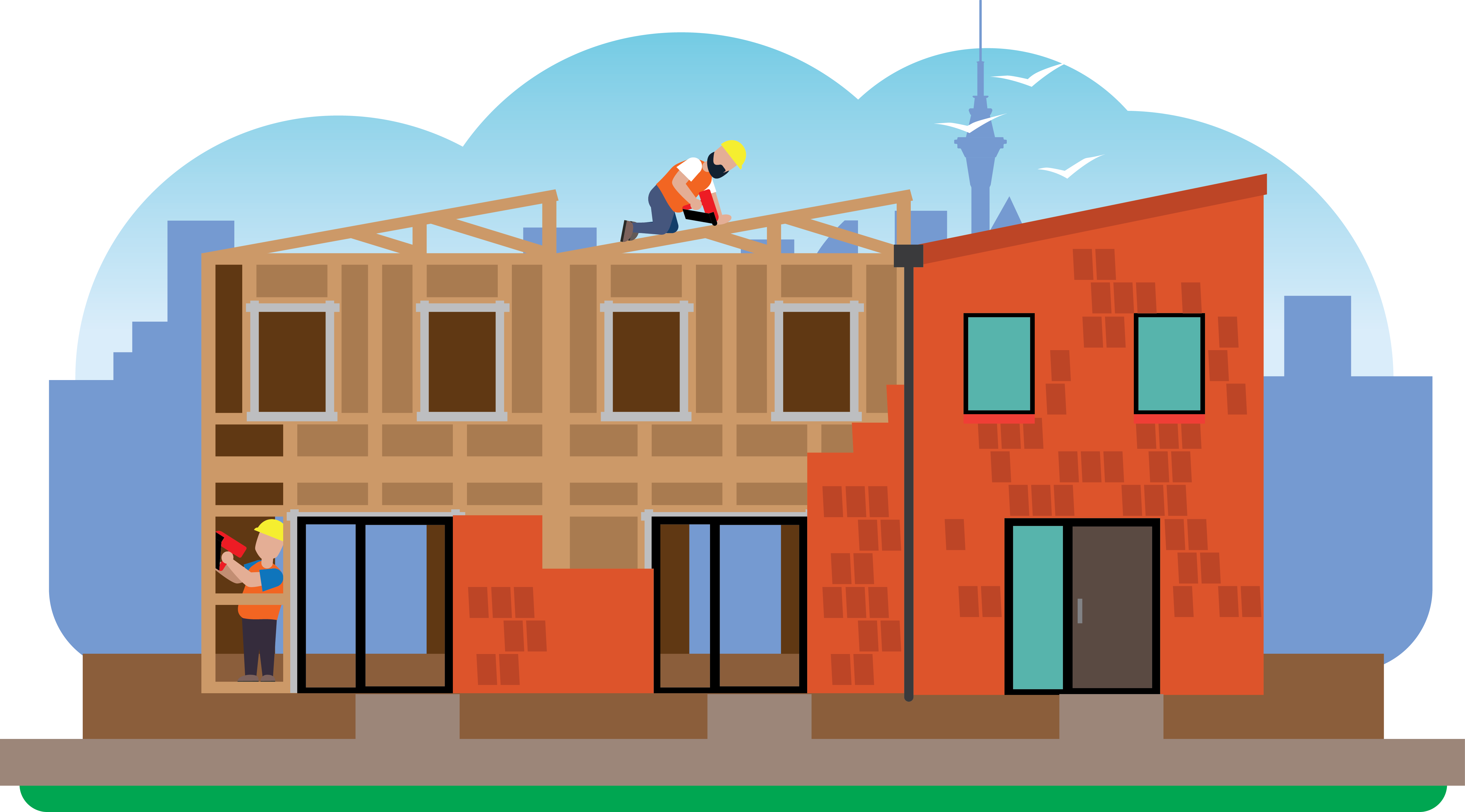 A construction site with three two storey terraced houses. Two builders are working on the frames, and the Auckland skyline is in the background.