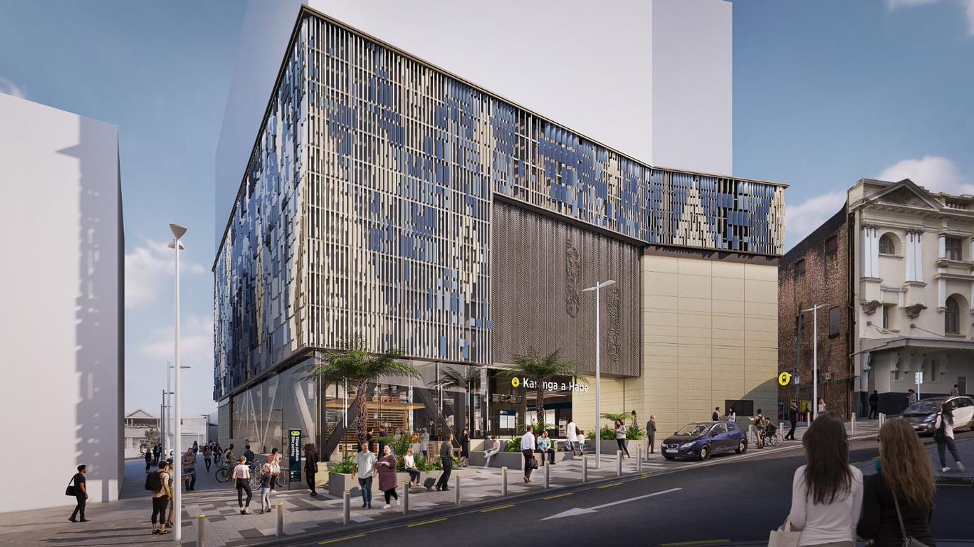 A render of Karanga-a-Hape station in daytime seen from across the road.