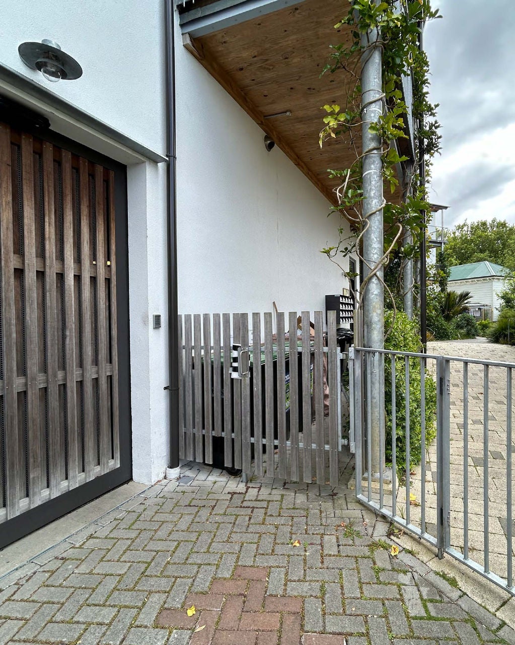 A bin courtyard with galvanised steel gate. Vines grow up the building's support strut.