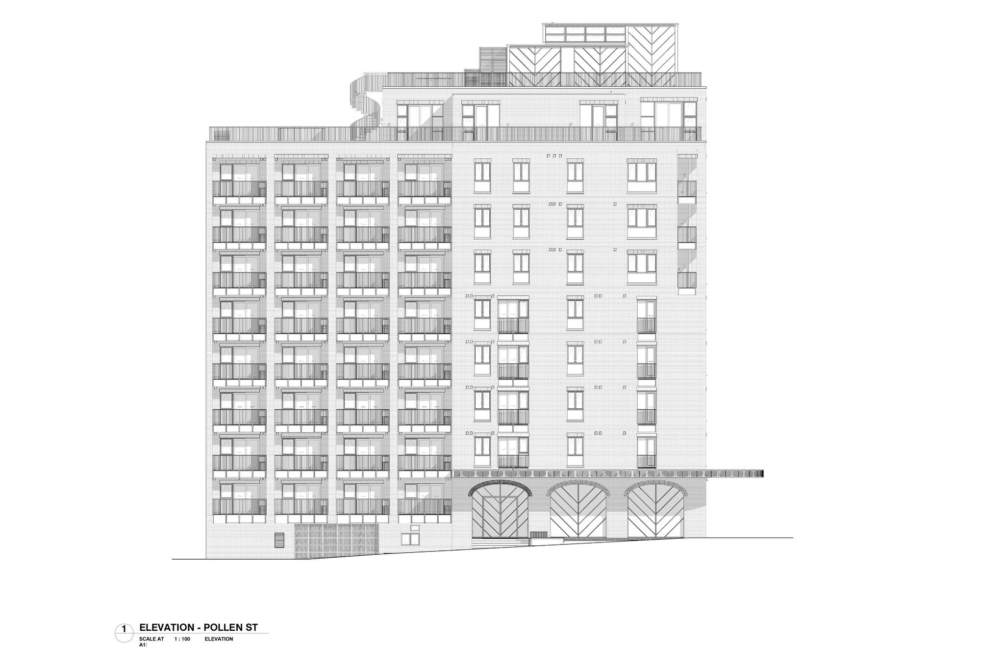  Architecture design drawing with a Pollen St facing elevation