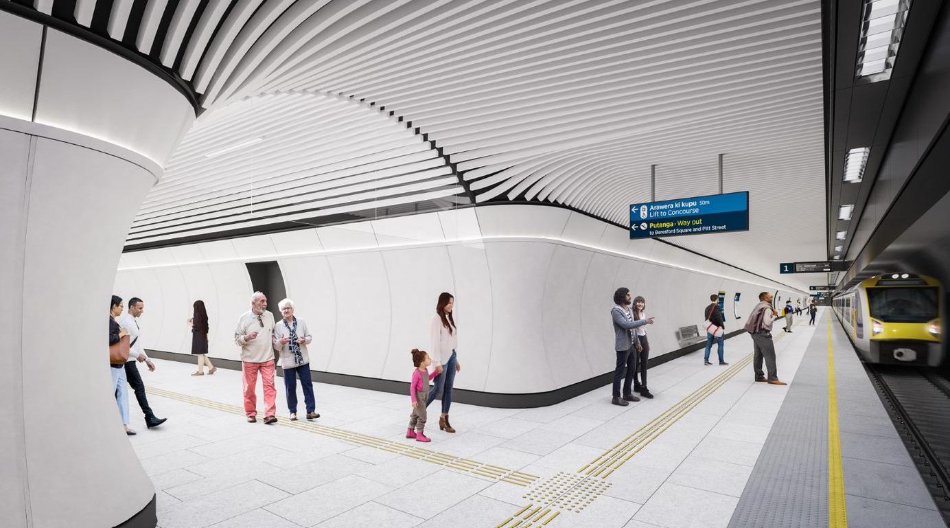 A render of the train platform at Karanga-a-Hape station. The walls and ceiling details are wite and modern. 