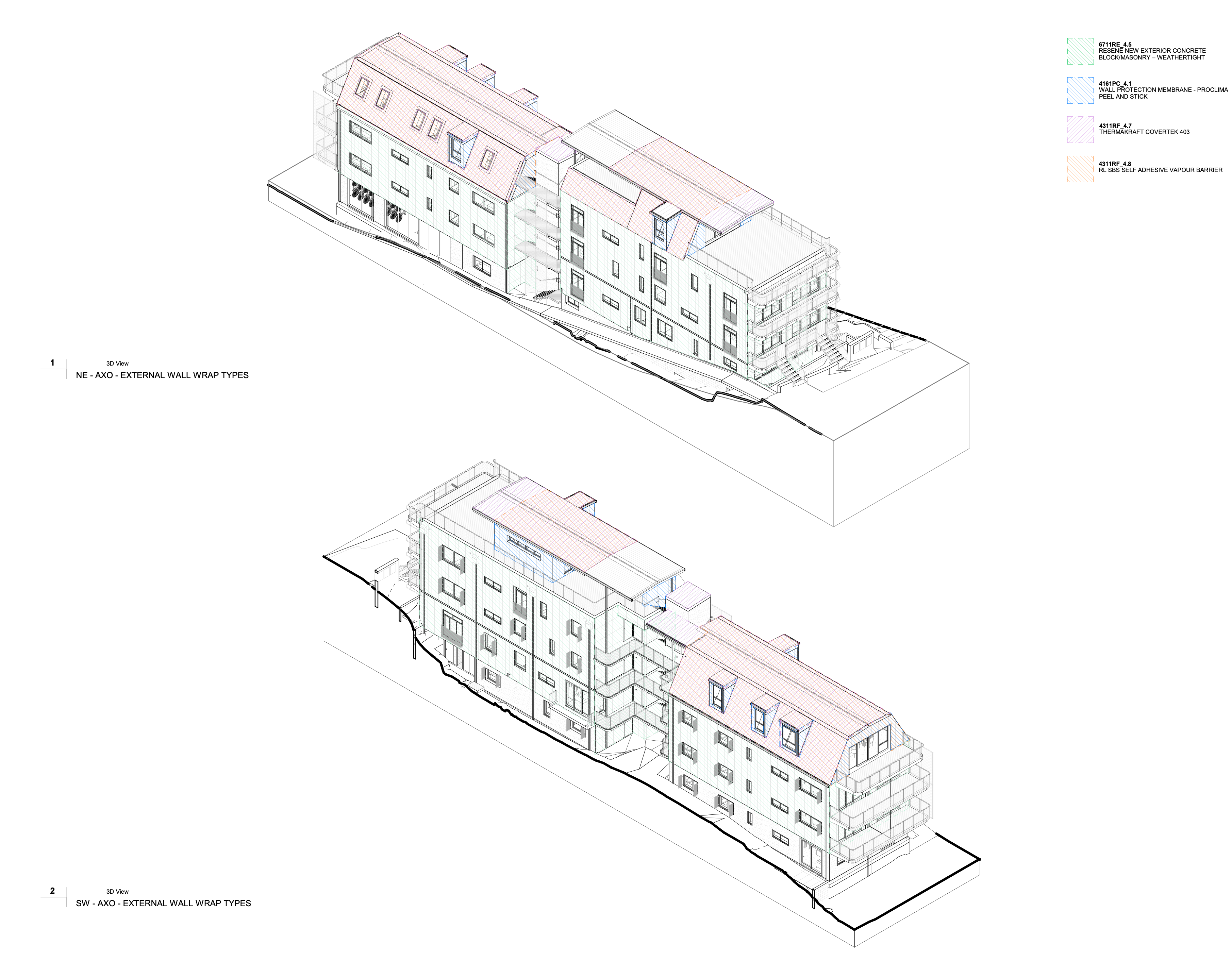 Architectural drawing of the cladding systems on the building. 