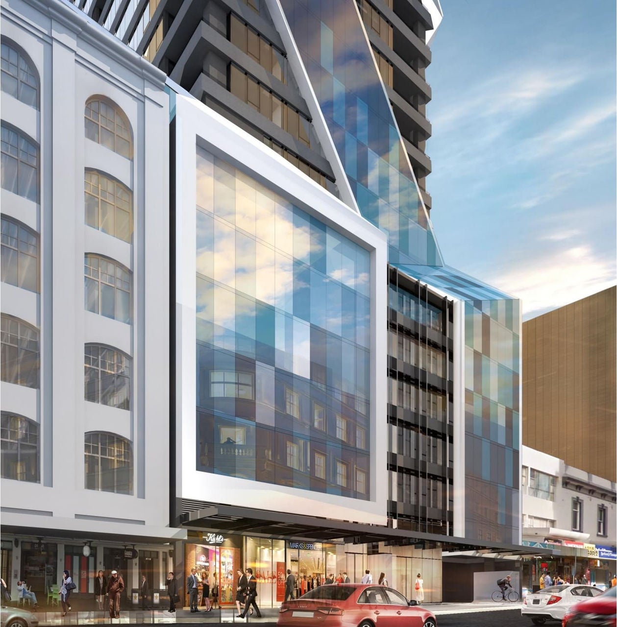 Podium concept render with glazing nodding to the pixelation attibute.