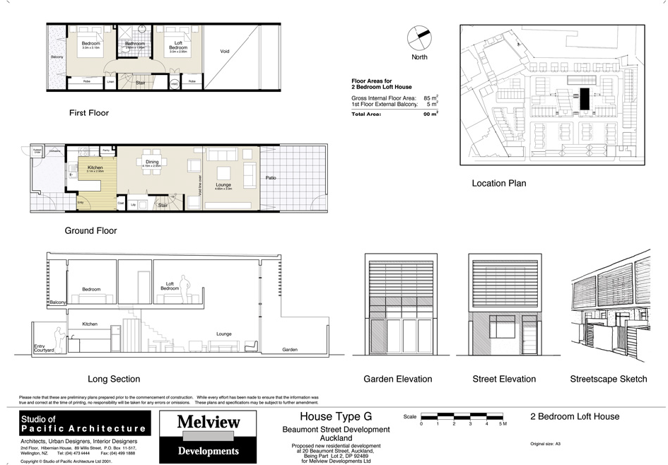 Typical floor plans of a three-storey terrace house, site plan on top right, building elevations on the bottom right.