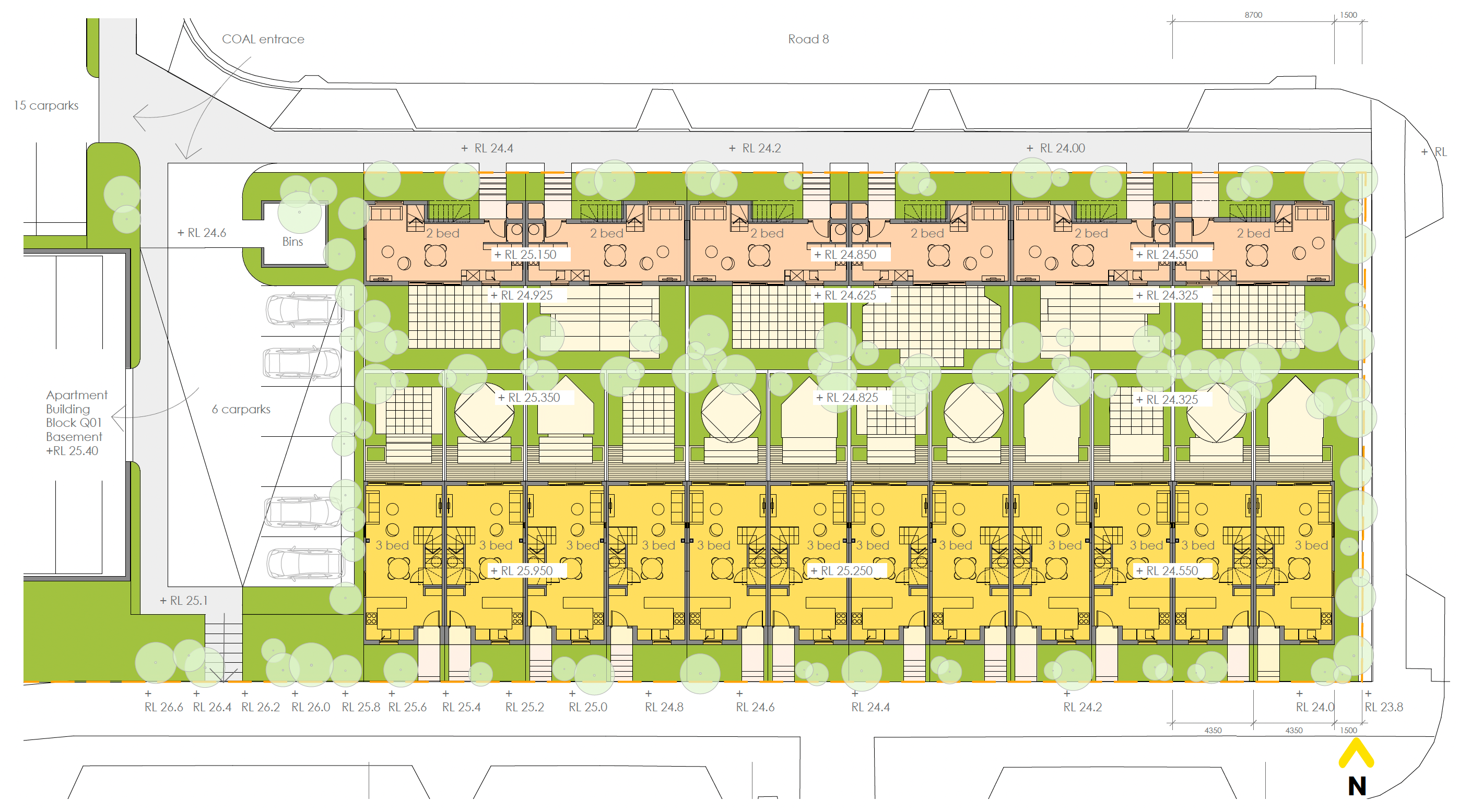 A diagram of the landscaped areas around the dwellings. 