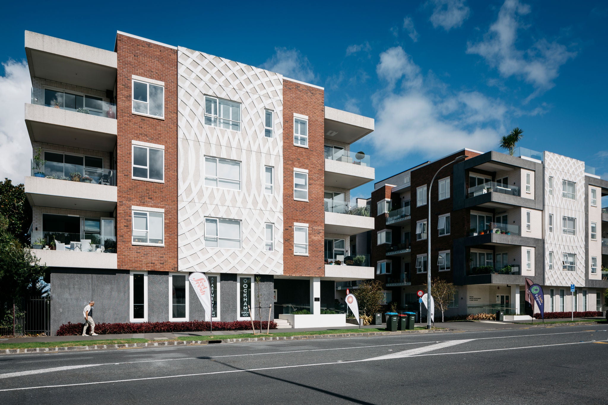 View across the road at the two front Isaac buildings.