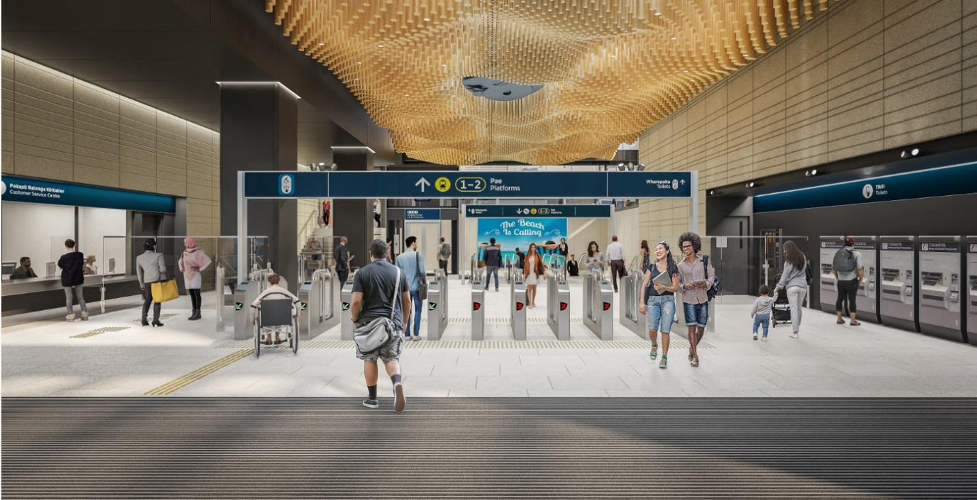 Looking into one of the halls of Te Waihorotiu station, with ceiling details to signify the reeds that grew next to the Te Waihorotiu stream.