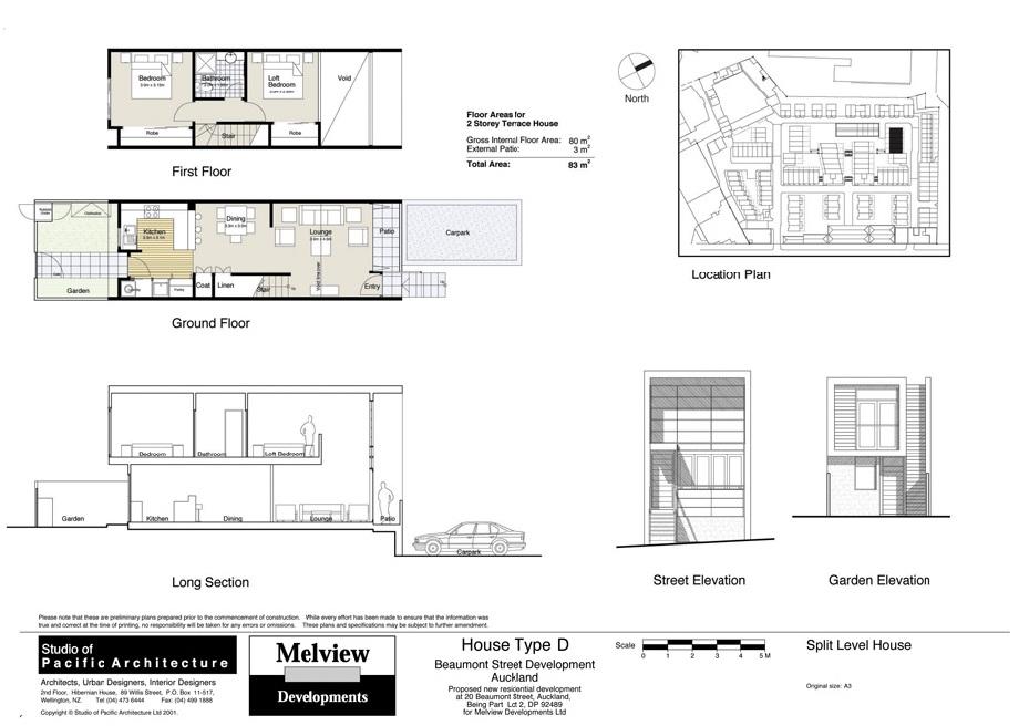 Typical floor plans of a two-storey split level terrace house, site plan on top right, building elevations on the bottom right.