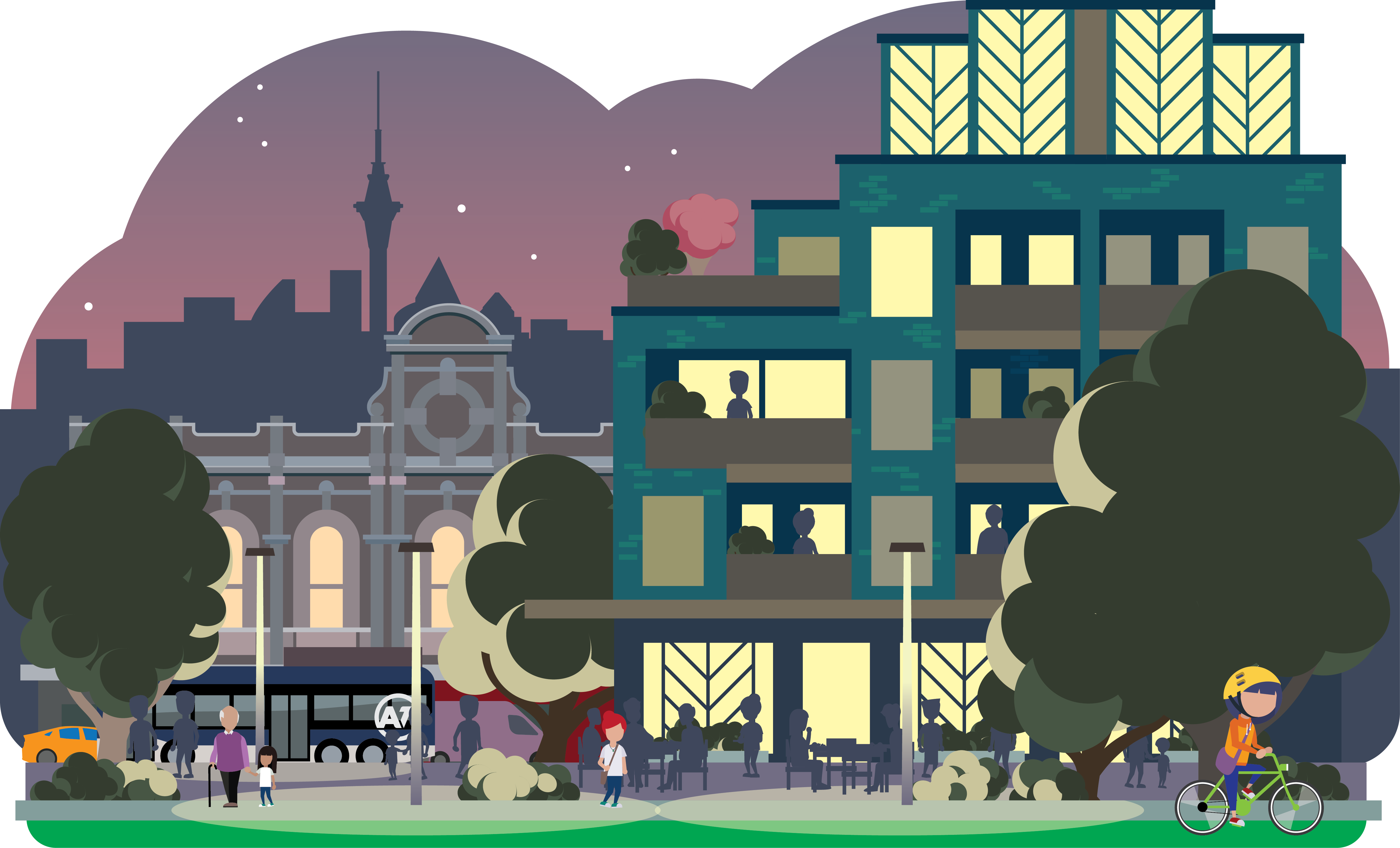 Auckland citizens enjoy dusk in Auckland, walk around and eating brunch outside a café. On the floors above the street are beautiful apartments, framed by trees, with pink heritage buildings and the Auckland skyline in the background.