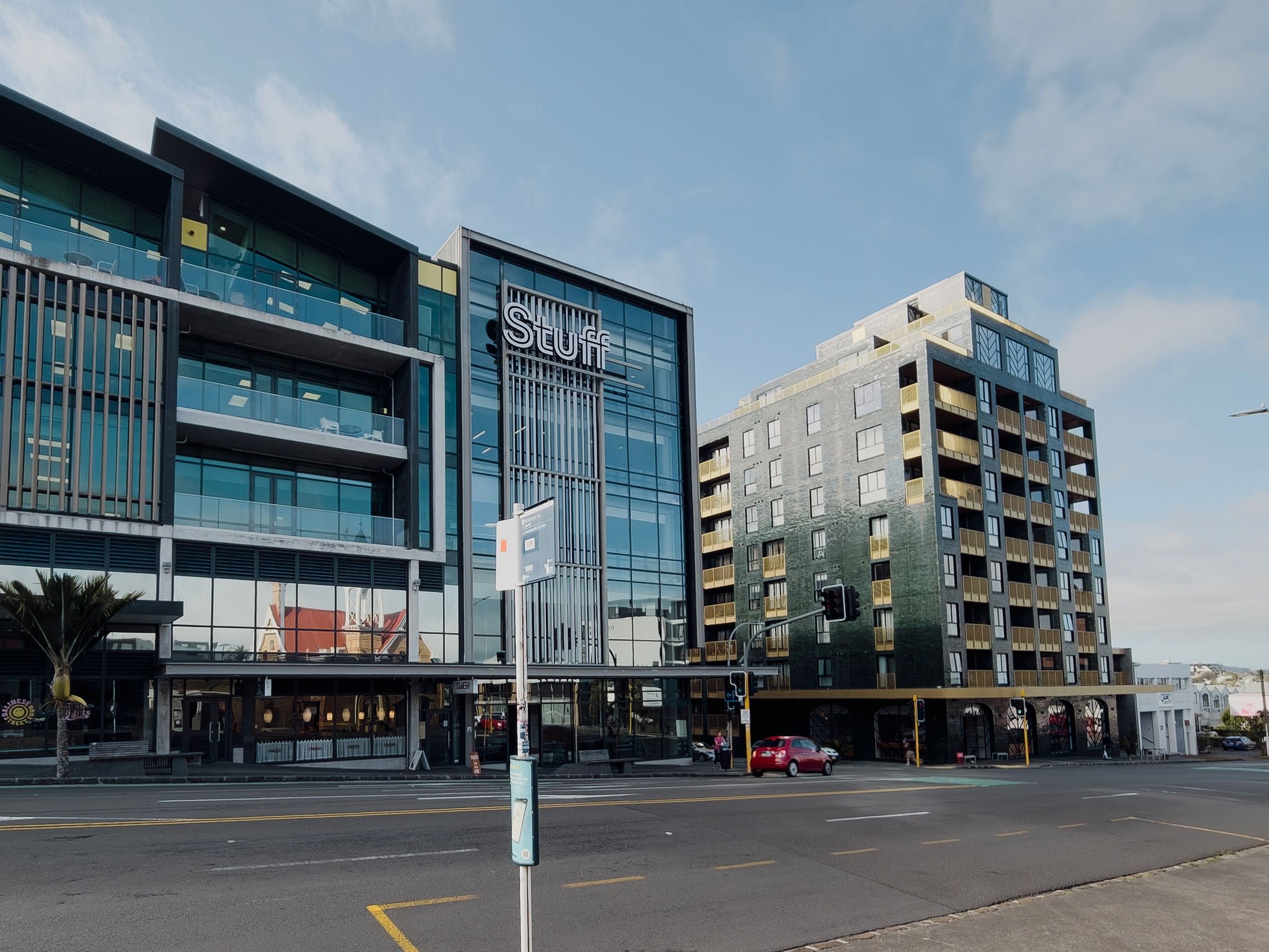 Looking down towards Greenhouse from across and further up the street, includes Stuff building and more.