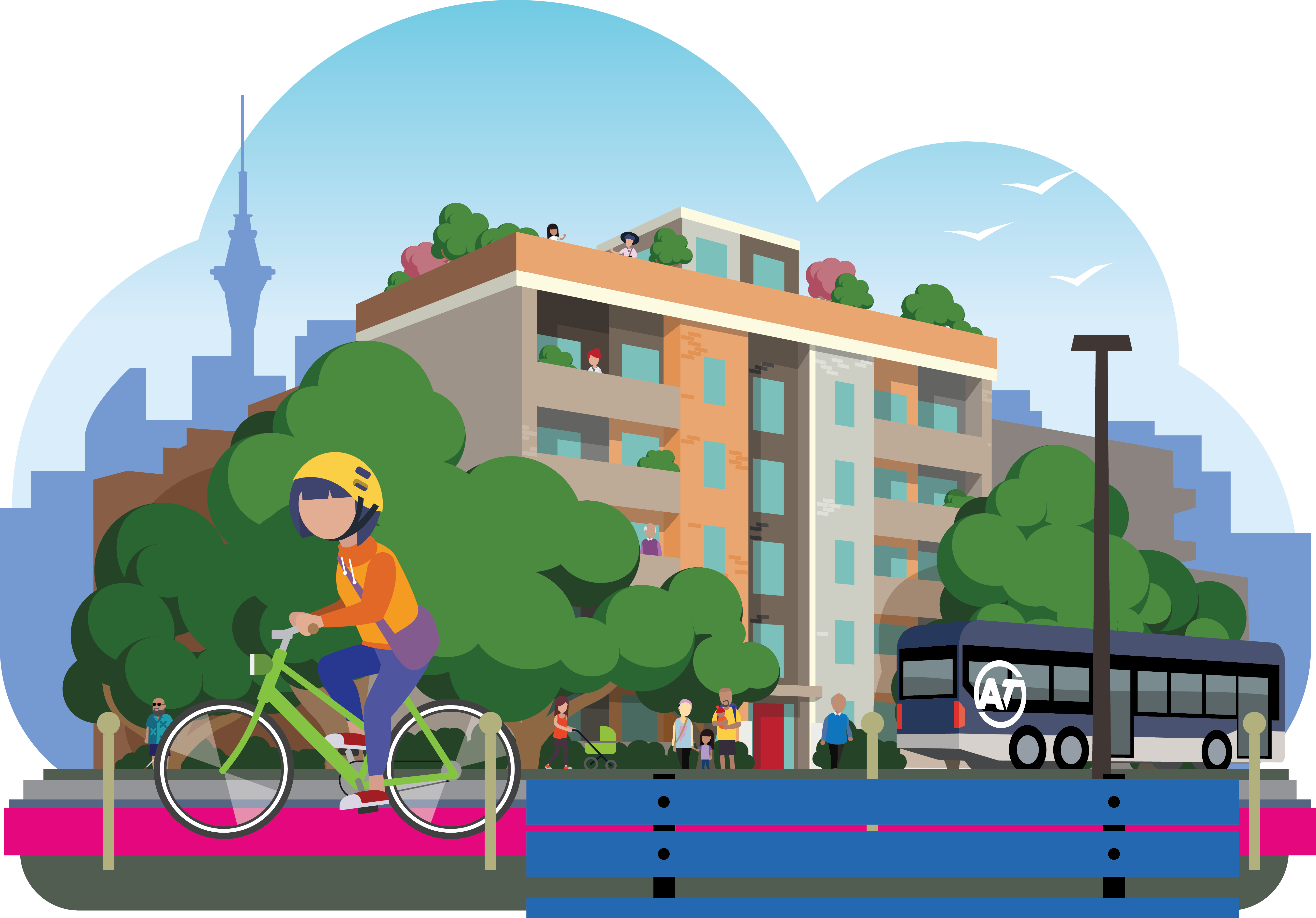 A young woman cycles on a pink cycle path past a park bench, in the background are people walking on the footpath, with an Auckland transport bus stopped at a bus stop. Behind this are big, green trees, framing a six storey apartment block. The Auckland skyline is in the background framed by blue skies as seagulls soar overhead.