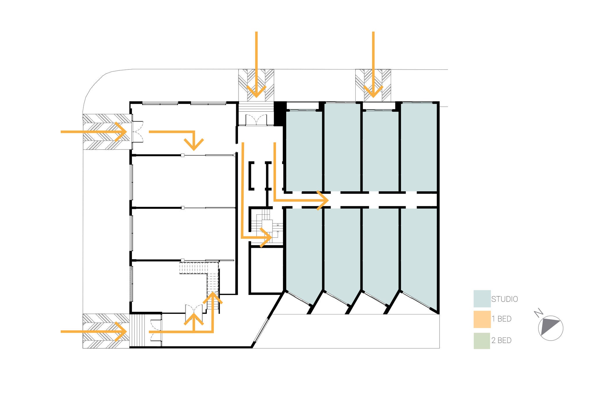Ground floor plan showing entrances, public spaces and circulation areas