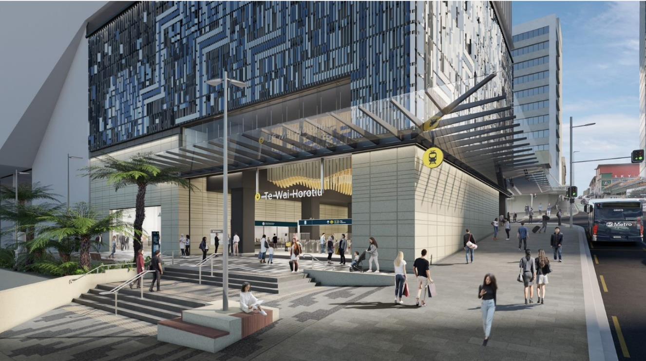 A render looking at the east façade of Te Waihorotiu station along with the decoration on the upper stories.