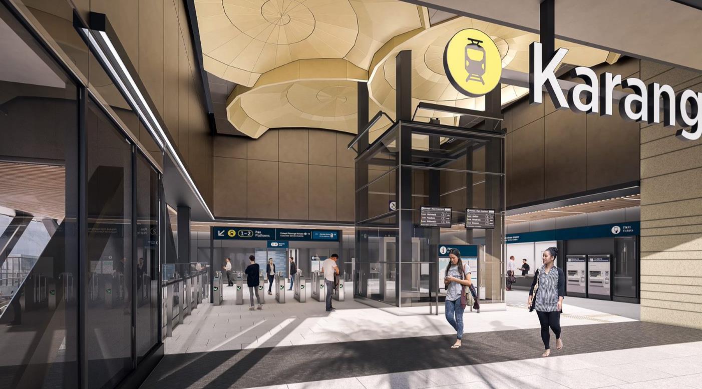 A render of Karanga-a-Hape station looking into the entrance and at the snail shell pattern on the ceiling over the turnstiles.