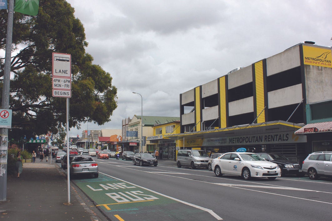 Dominion Road: Regional Arterial Road providing for two lane carriageway with flush median, bus lanes/ off peak parking, and footpath.