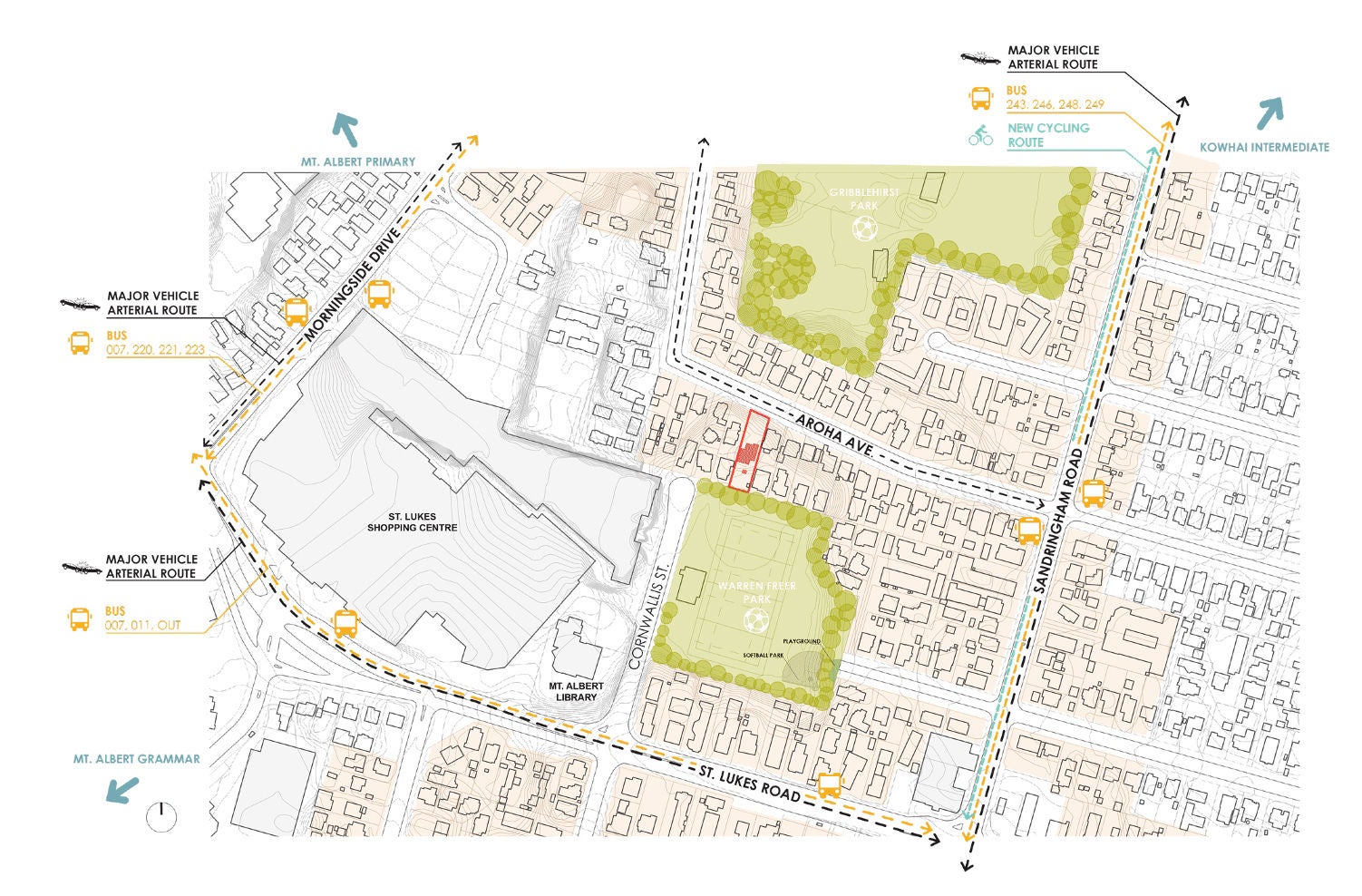 Site context. Drawing of the location of the development with the surrounding neighbourhood features.