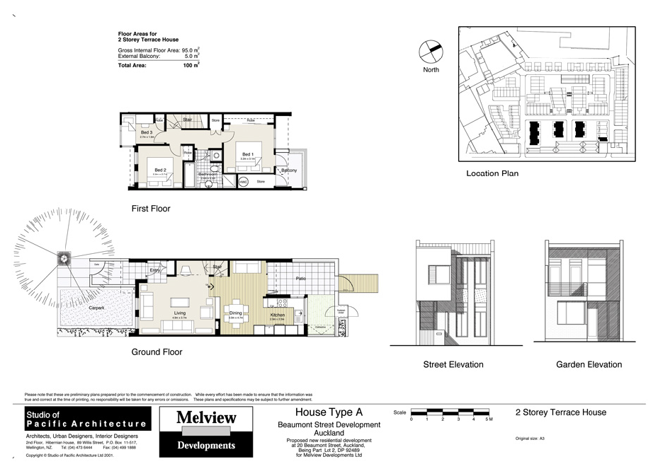 Typical floor plans of a two-storey terrace house, site plan on top right, building elevations on the bottom right.