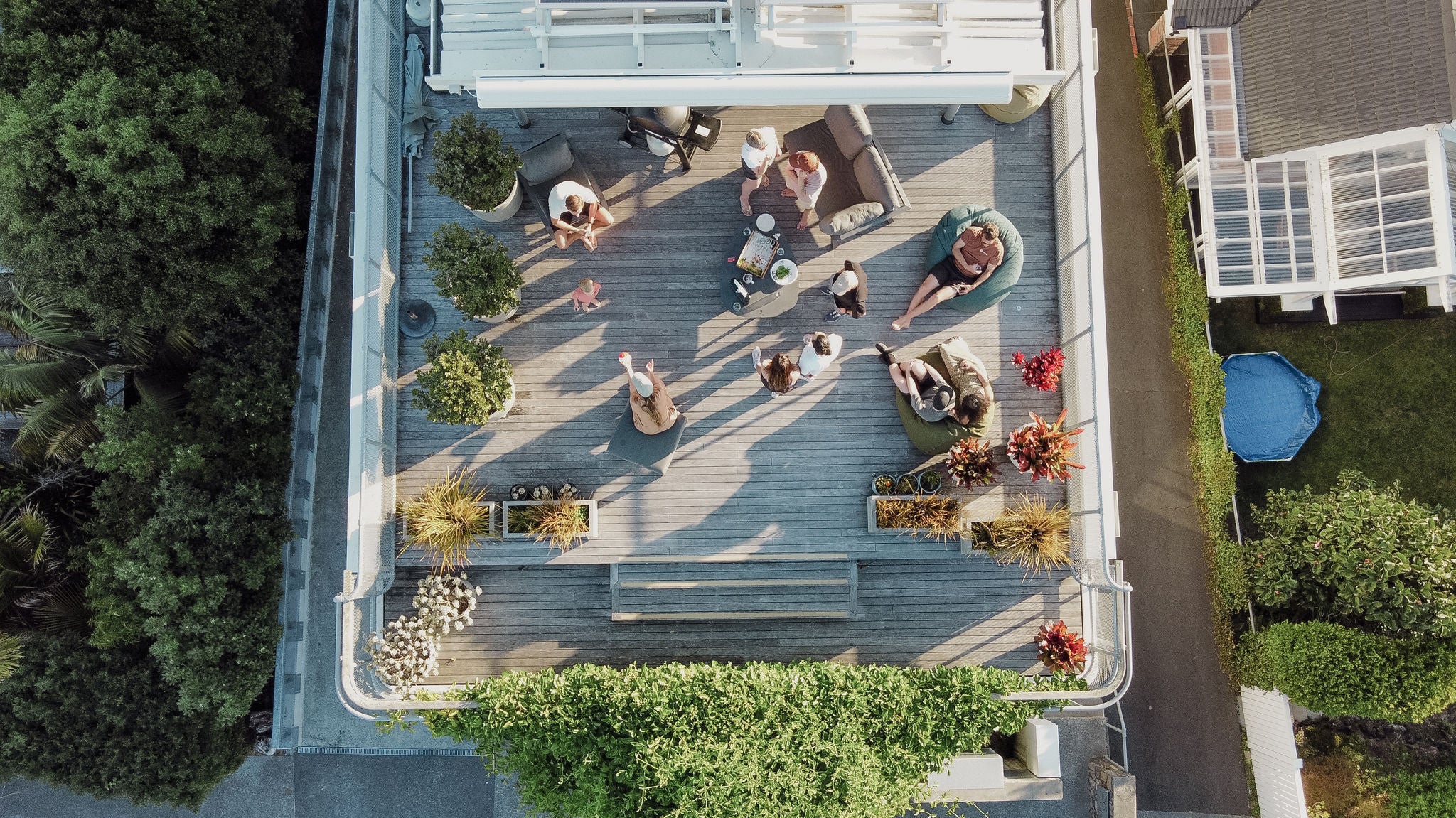 Shared rooftop from an aerial perspective with people chatting and chilling; There is a vine growing up the side of the builfing and there are plants on the deck.