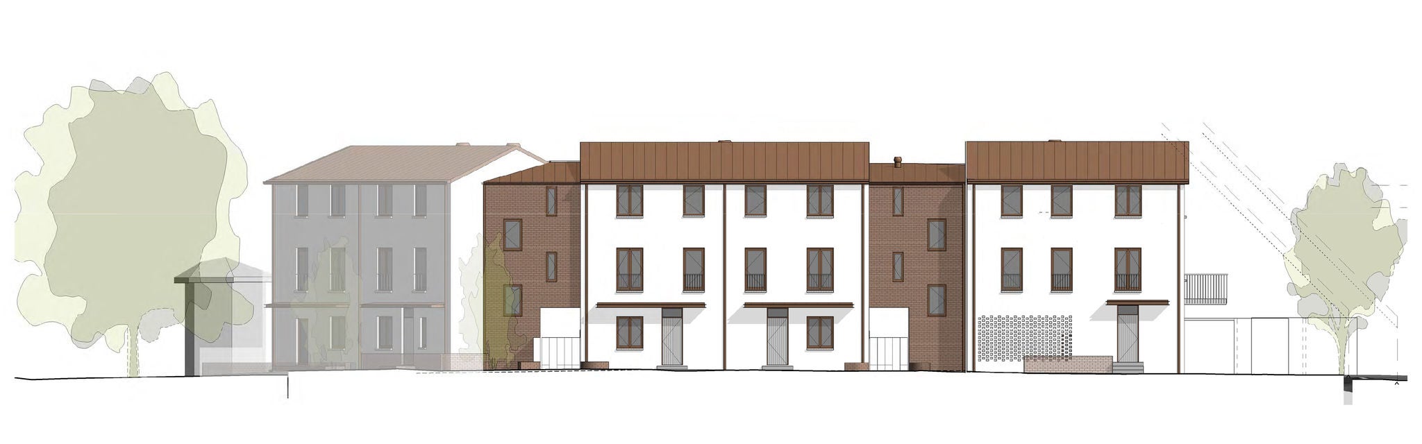 An architectural eoevation drawing of the building from the street.