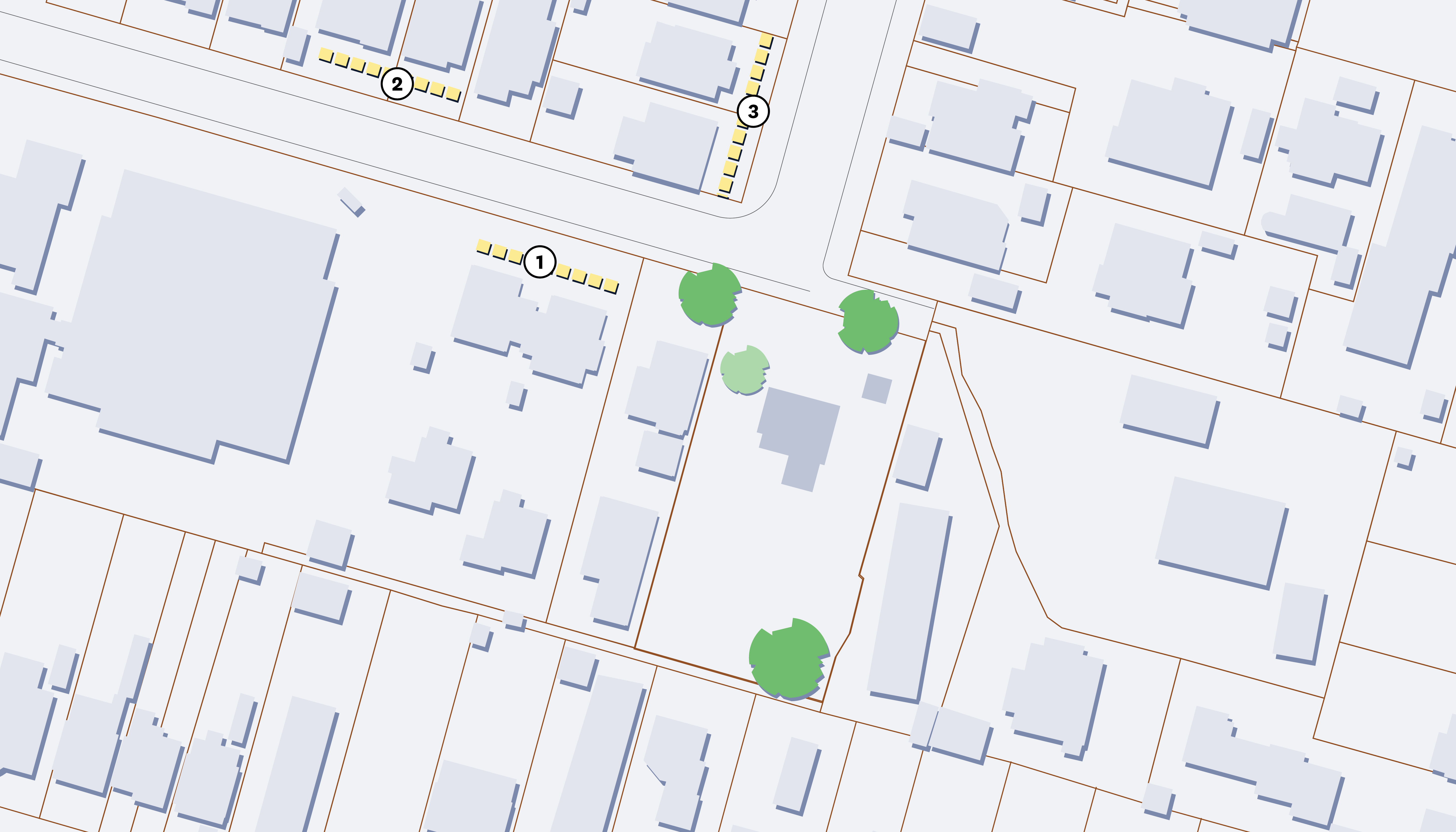 Show the location of buildings in the immediate neighbourhood that give the streetscape its character.