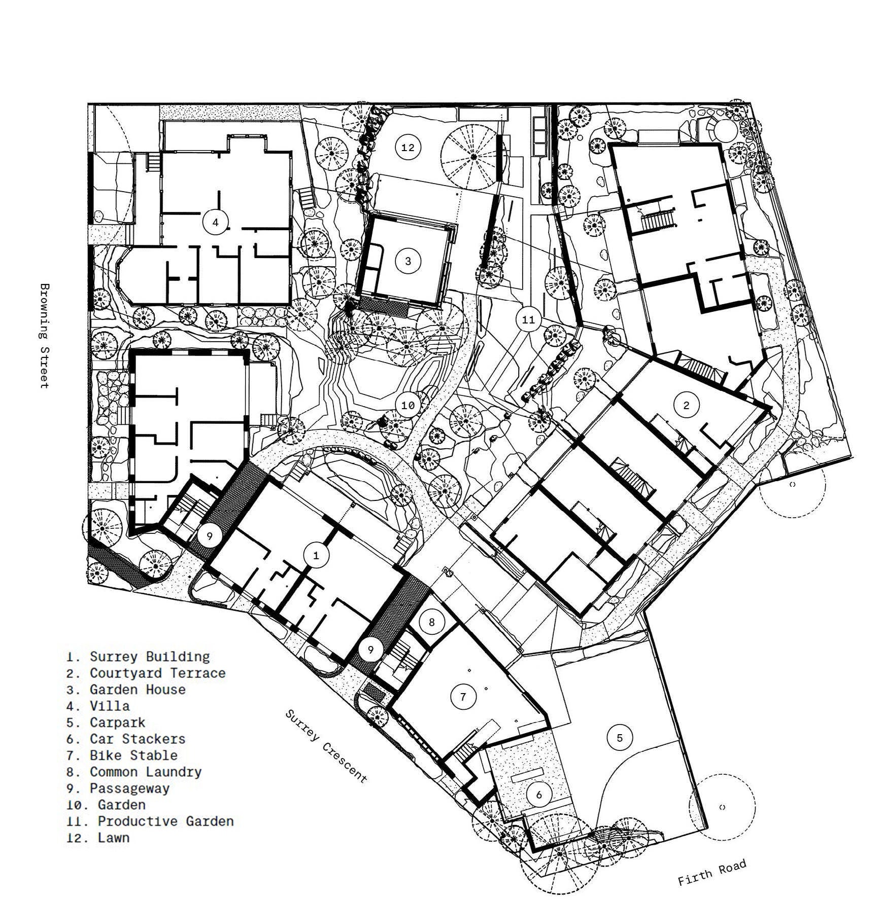 An architectural drawing of the site plan. 