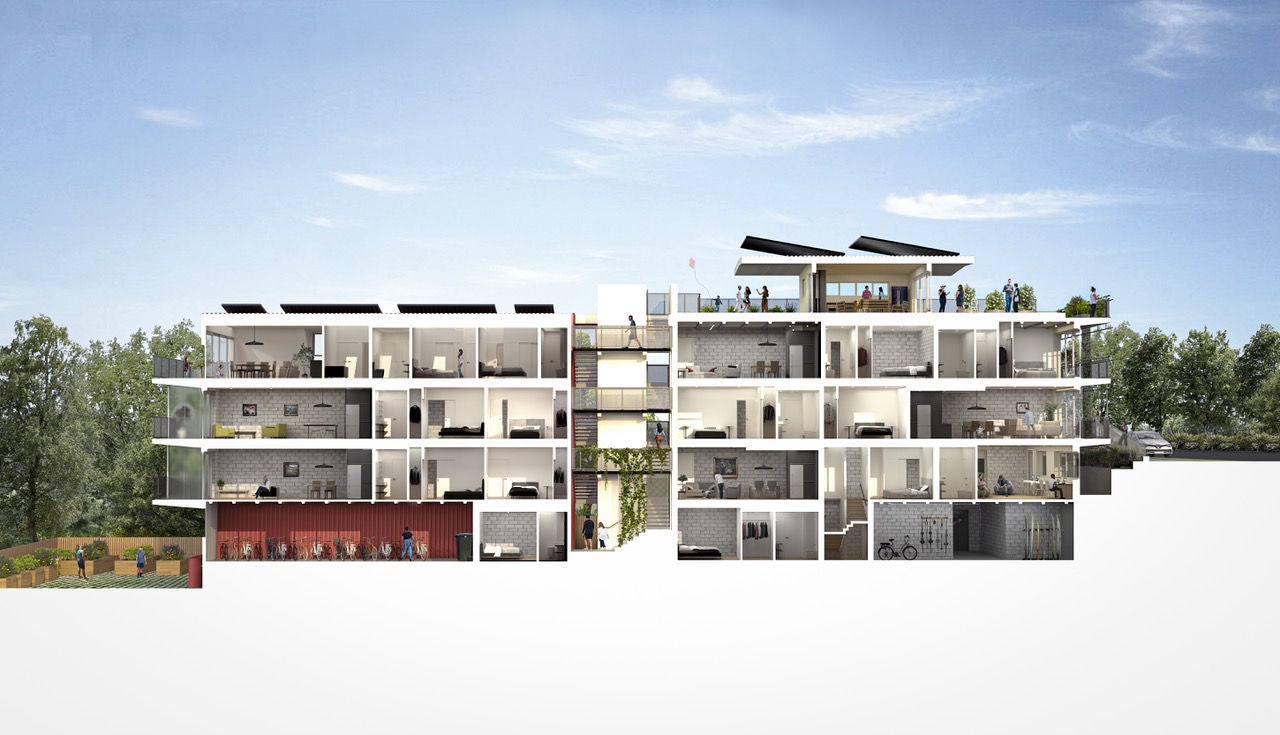 A cutaway of the building, showing the many features for residents.