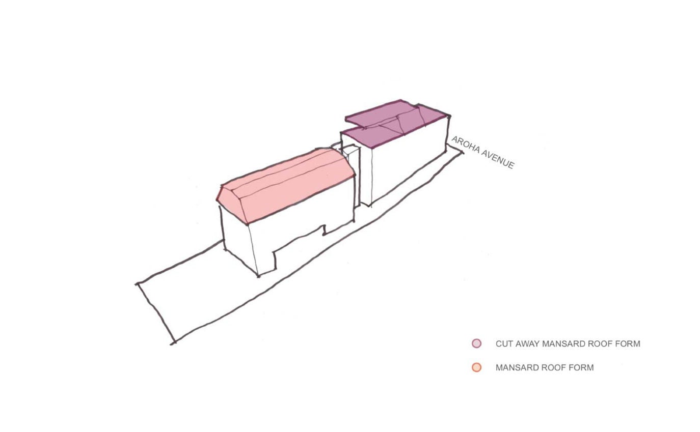 A hand drawing of the building with the roof forms highlighted.