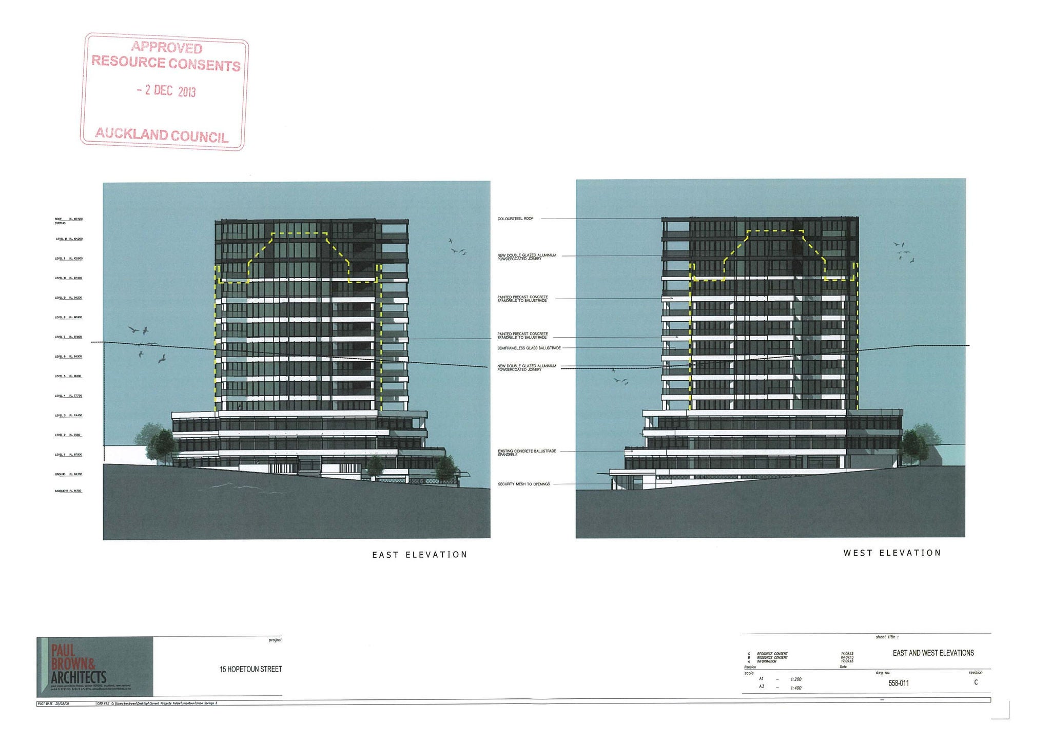 Top 3 layers of the roof line on the modified plans are black.