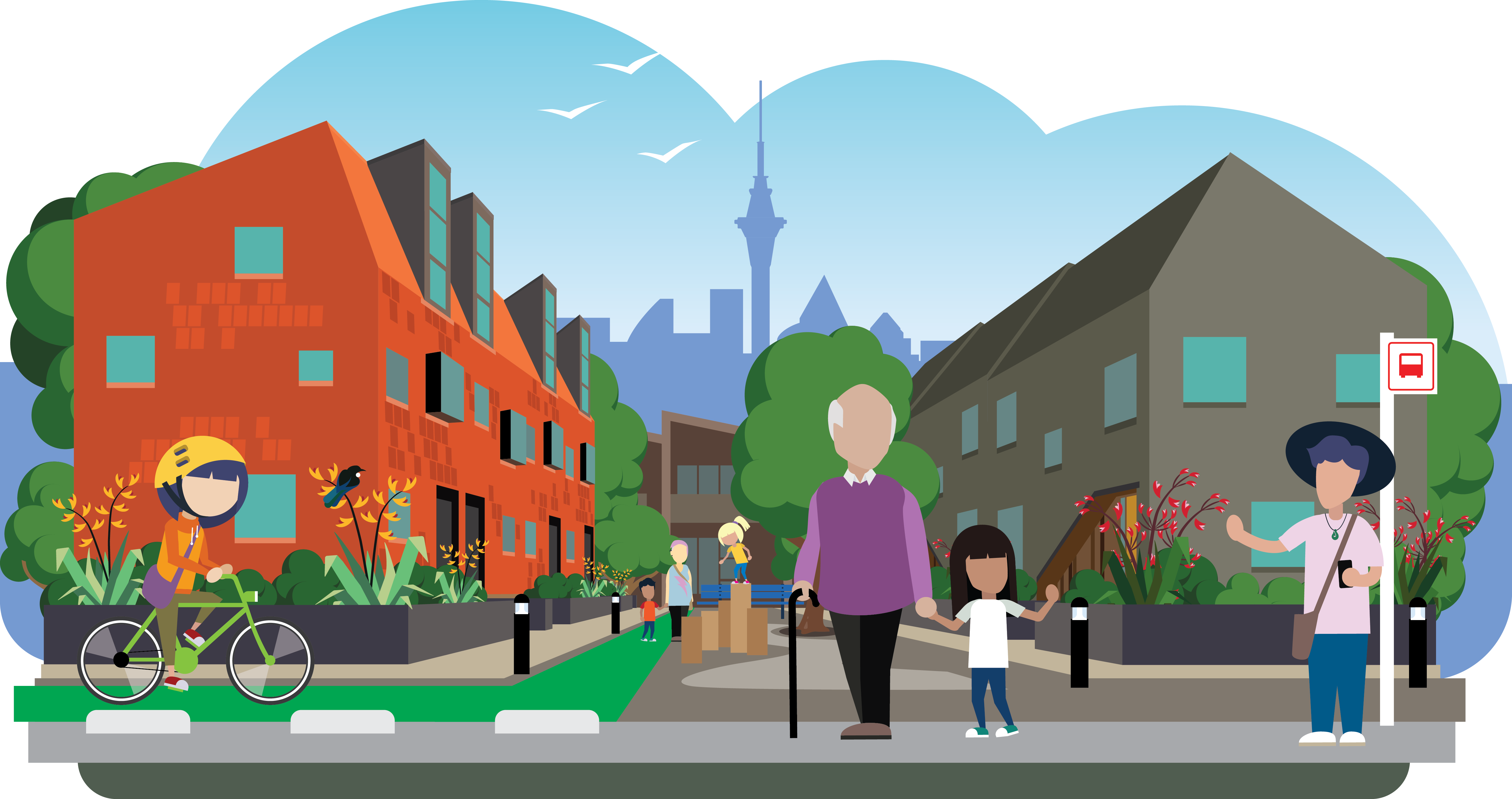 An elderly man with a cane holds his grand daughter's hand as she greets a friend standing at the bus stop. Behind them is a shared spaces with a play area, flanked by terraced homes and trees. The Auckland skyline is in the background as seagulls fly overhead.