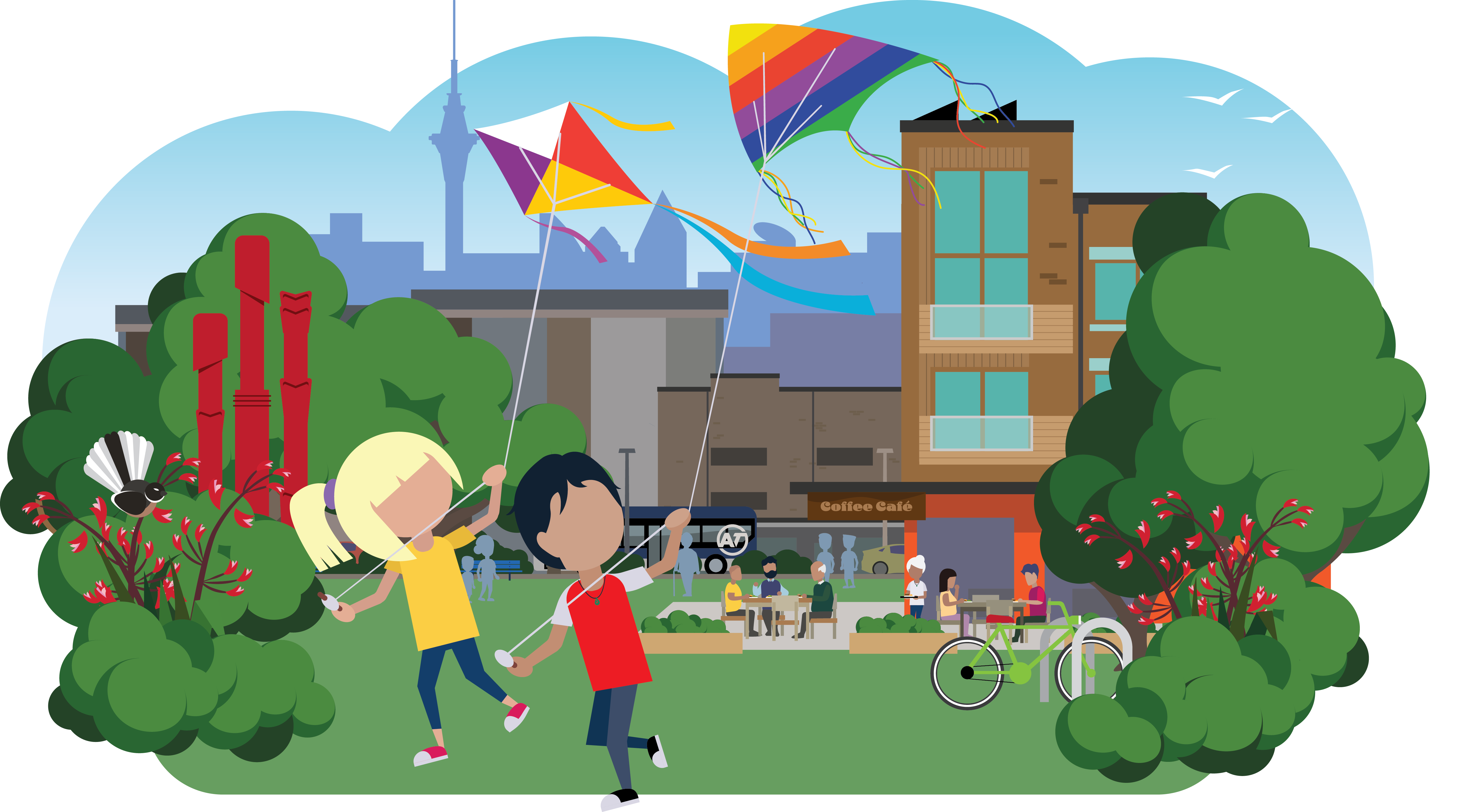 Two children fly their kites over a domain in Auckland. In the background we see a cafe with people sitting enjoying each others' company. There are apartments above the retail spaces. A piwakawaka sits and shows his tail on some flax with red pou in the background, surrounded by trees. The Auckland skyline skimmers against the bright sky.