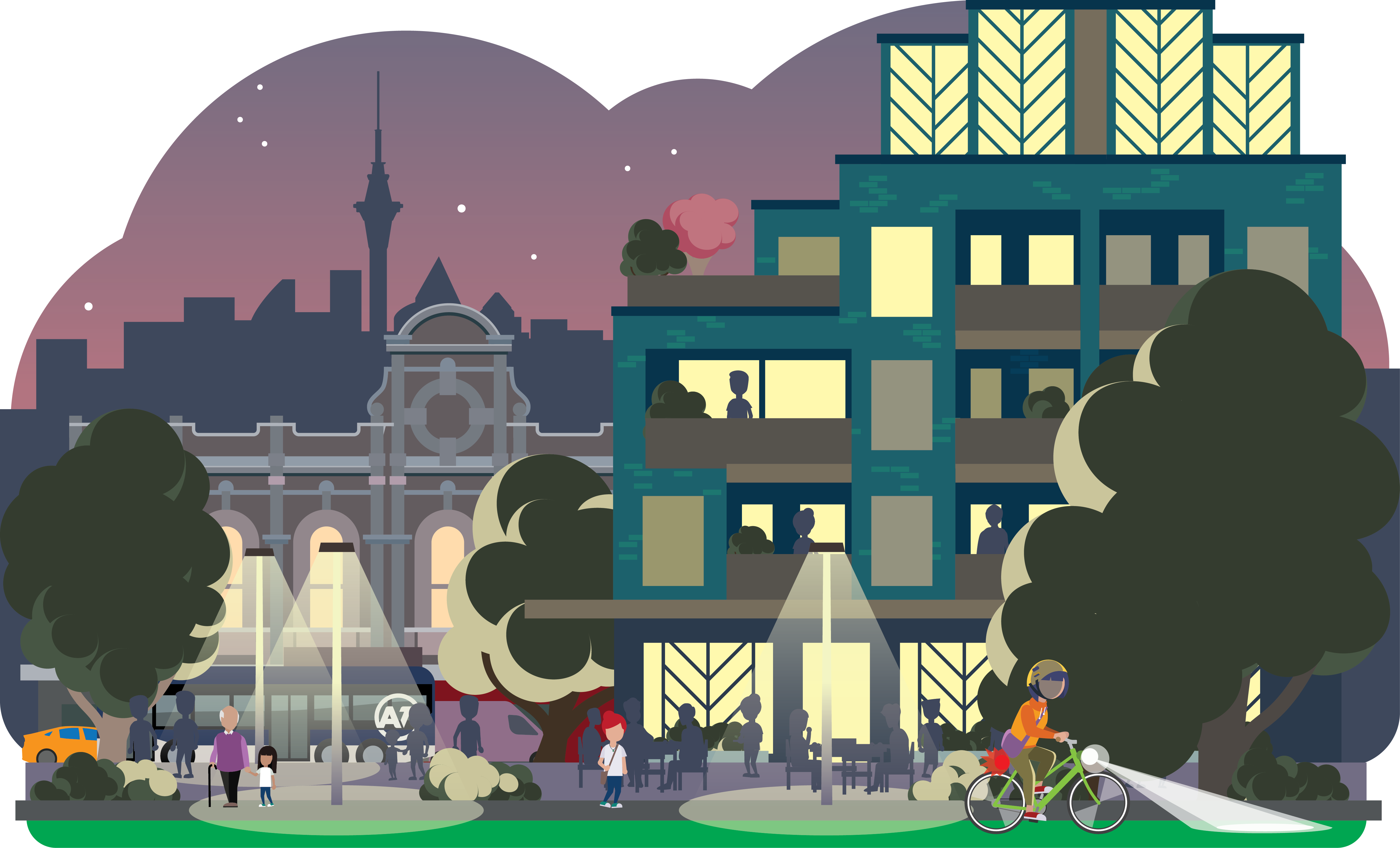 Auckland citizens enjoy dusk in Auckland, walk around and eating brunch outside a café. On the floors above the street are beautiful apartments, framed by trees, with pink heritage buildings and the Auckland skyline in the background.