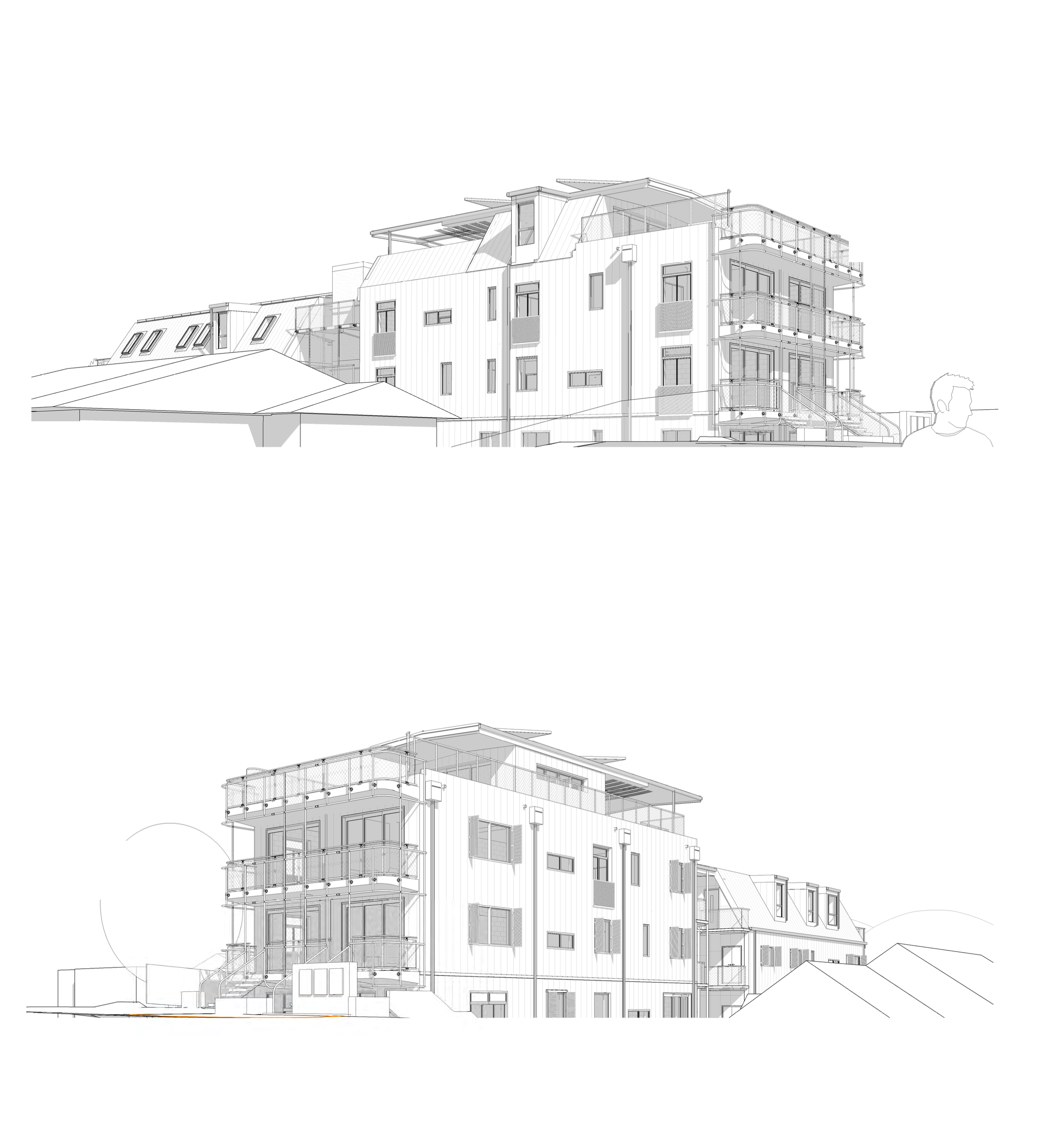Architectural drawing of the building street facade from ground view.