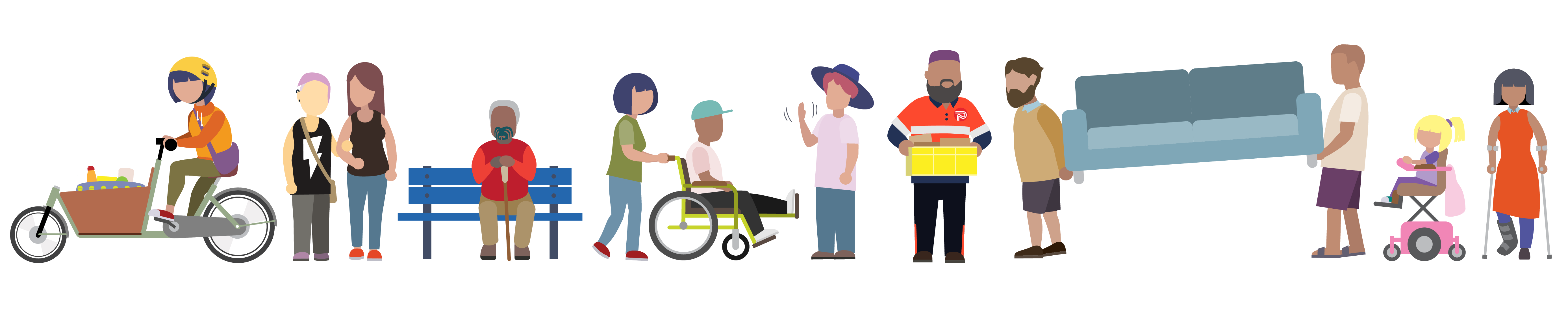 Eight of our universal design personas are here to give you a warm welcome; a person riding a cargo bike, a person walking with a person assisting, a kaumatua sitting on a bench with his cane, a Person with a wheelchair with an elevating leg rest, a person saying hello in NZSL, a delivery man, two men carrying a sofa, a little girl in her rad pink motorised chair, a person with crutches