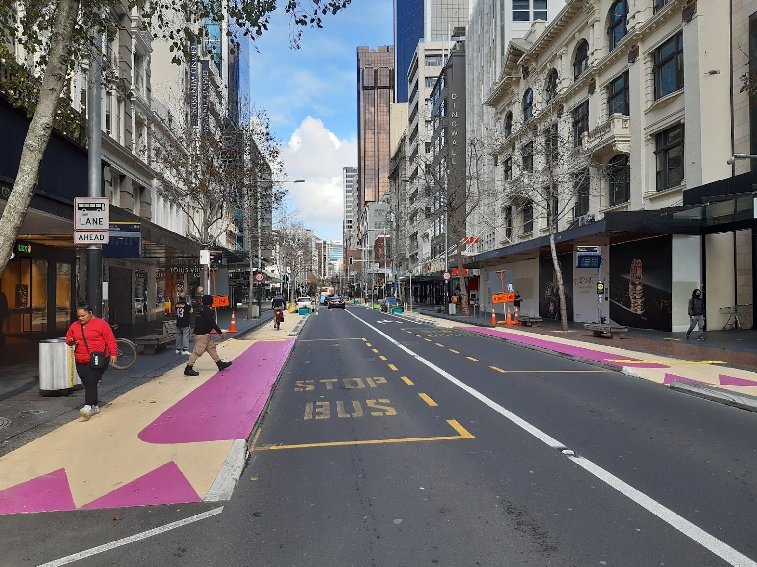 Temporary, ramped bus platforms on Queen Street.