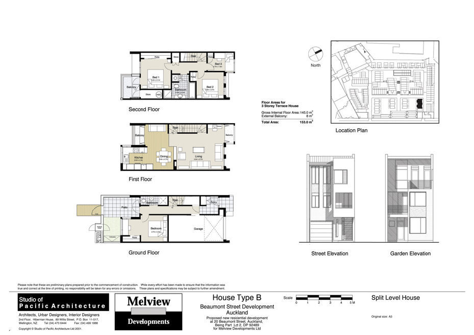 Typical floor plans of a split level terrace house, site plan on top right, building elevations on the bottom right.