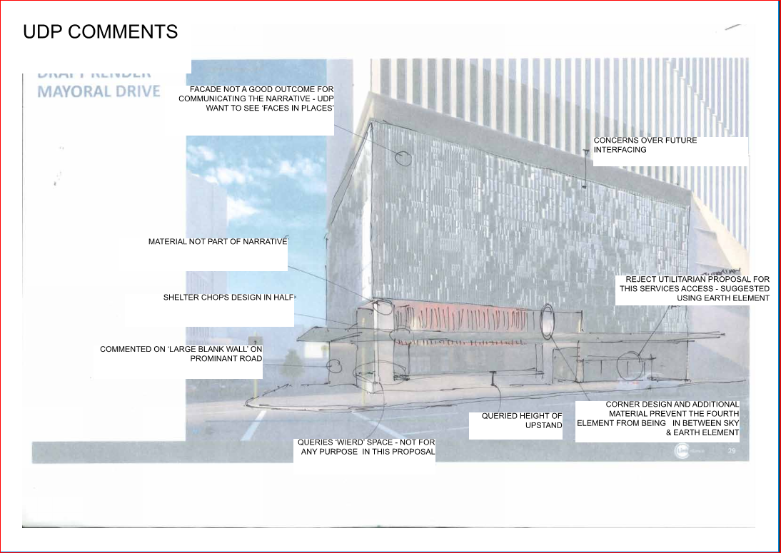 Panel feedback on an early draft render of the station on Mayoral drive. 