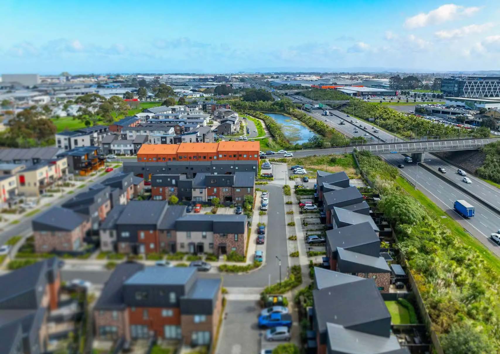 Looking over the development; the motorway is on the right with a bridge passing over to the Manaukau town centre.