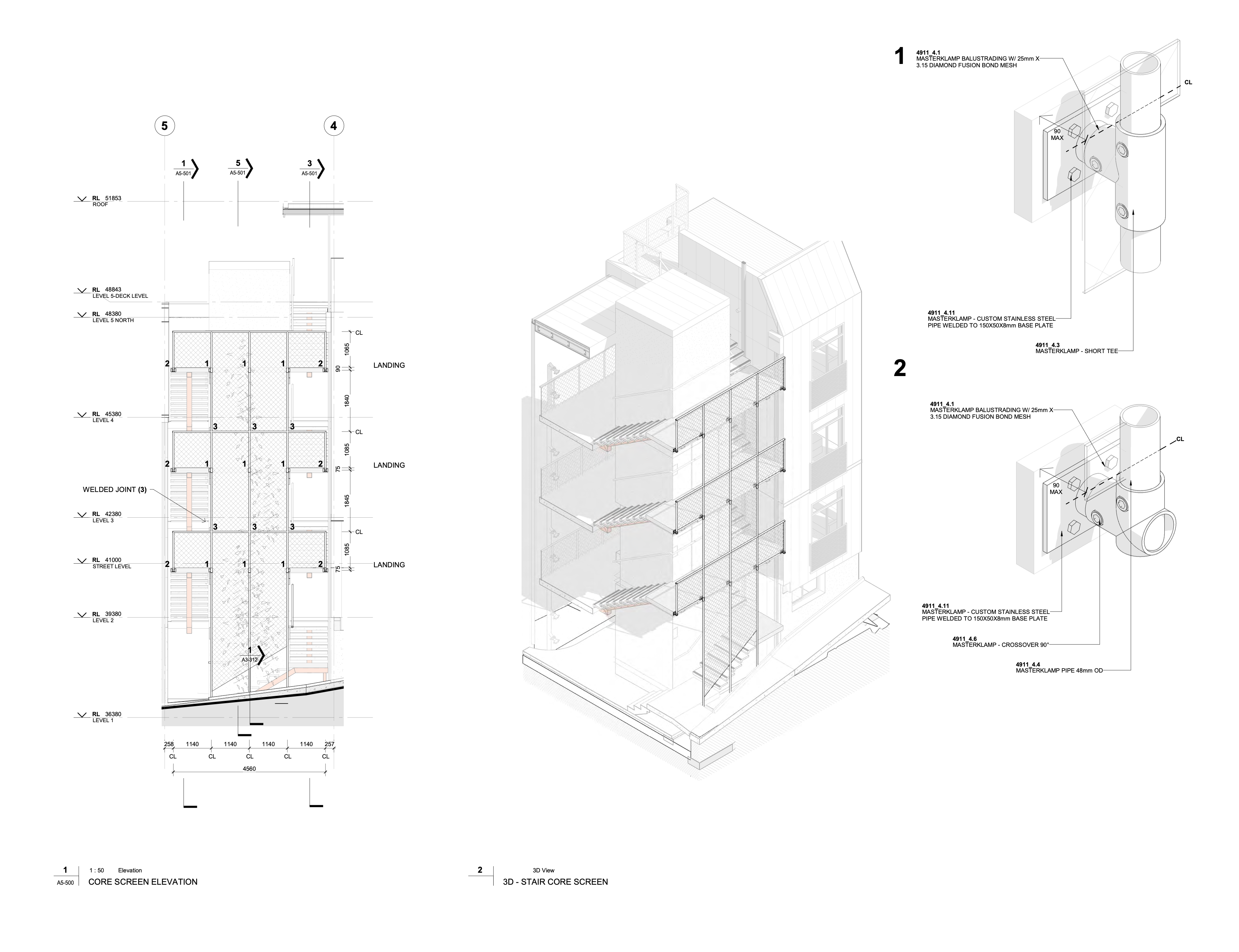 Architectural drawings of screens and attachments for the building''s external stairs.