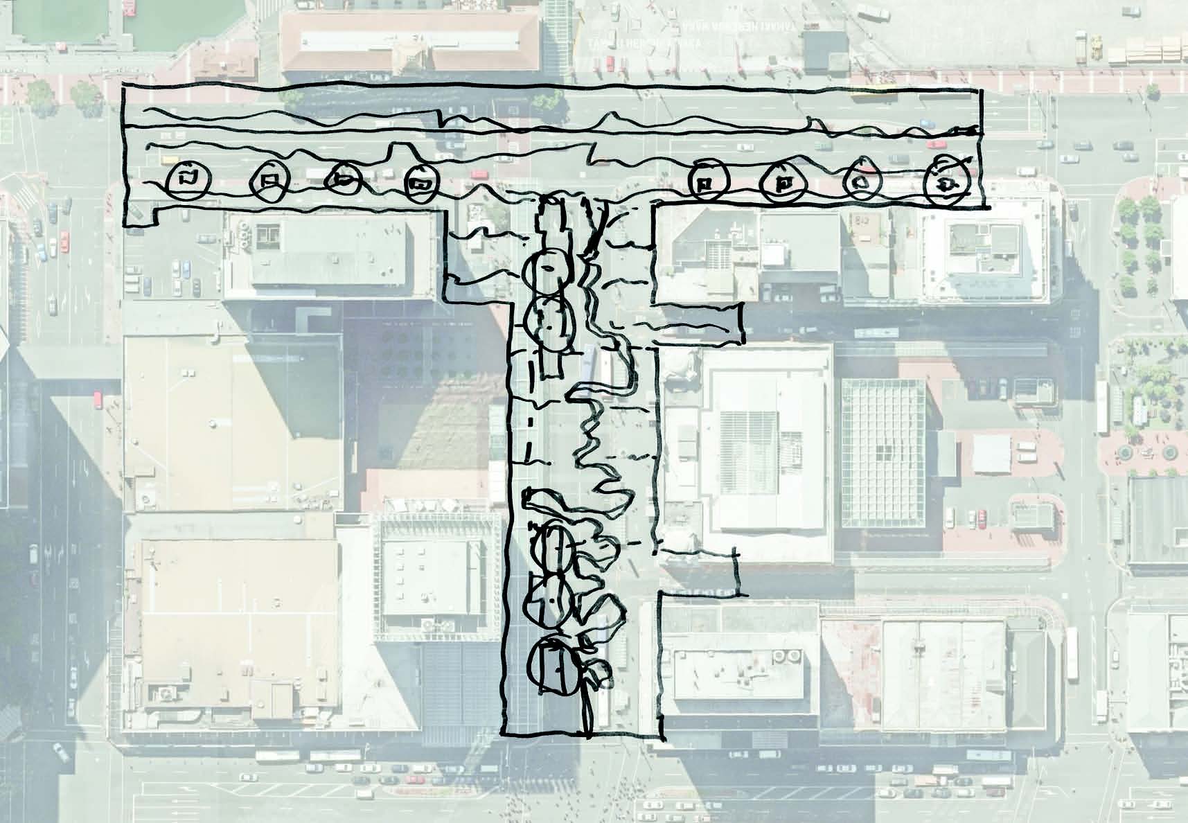 A sketch of how the stream and harbour connected before the land was reclaimed from the ocean