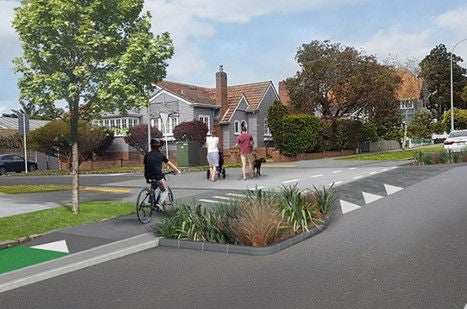 Raised table in different material coupled with the use of planting, signals the entrance to this local road with a slower vehicle environment. Image credit: Artist impression for Boffa Miskell.