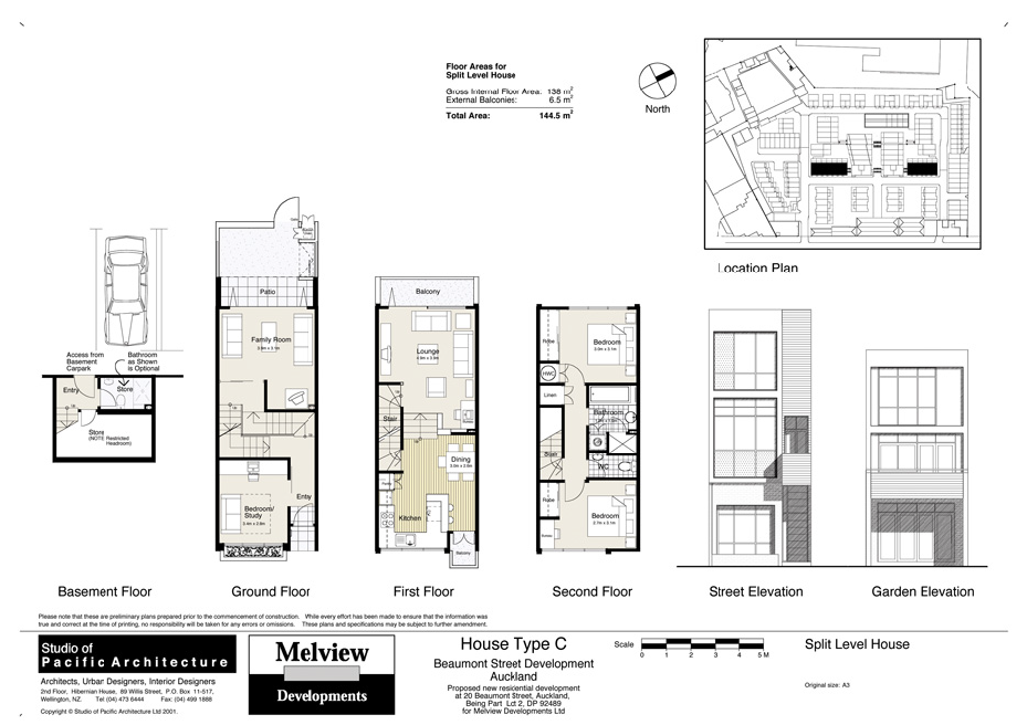 Typical floor plans of a four-storey split level terrace house, site plan on top right, building elevations on the bottom right.