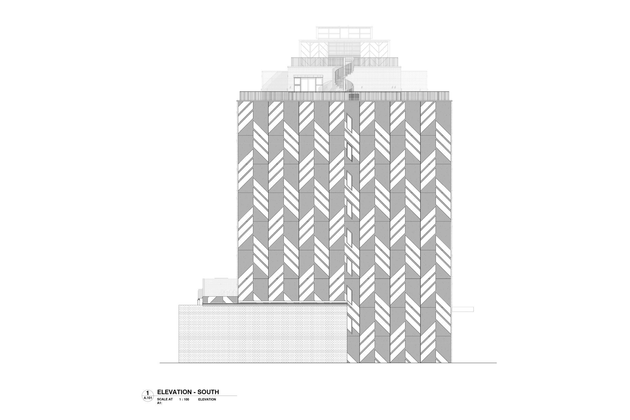 South facade with chevron motif.