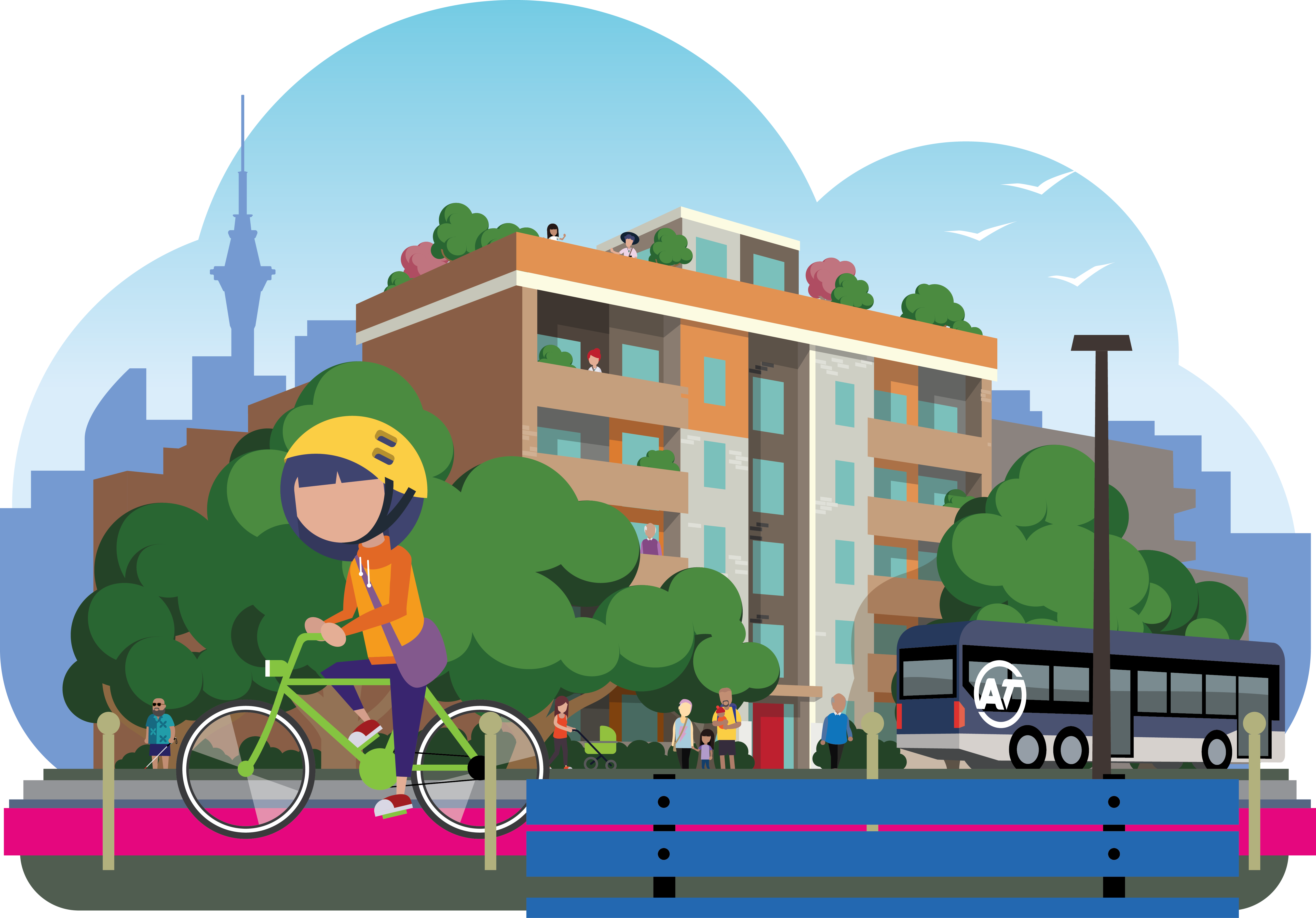 A young woman cycles on a pink cycle path past a park bench, in the background are people walking on the footpath, with an Auckland transport bus stopped at a bus stop. Behind this are big, green trees, framing a six storey apartment block. The Auckland skyline is in the background framed by blue skies as seagulls soar overhead.